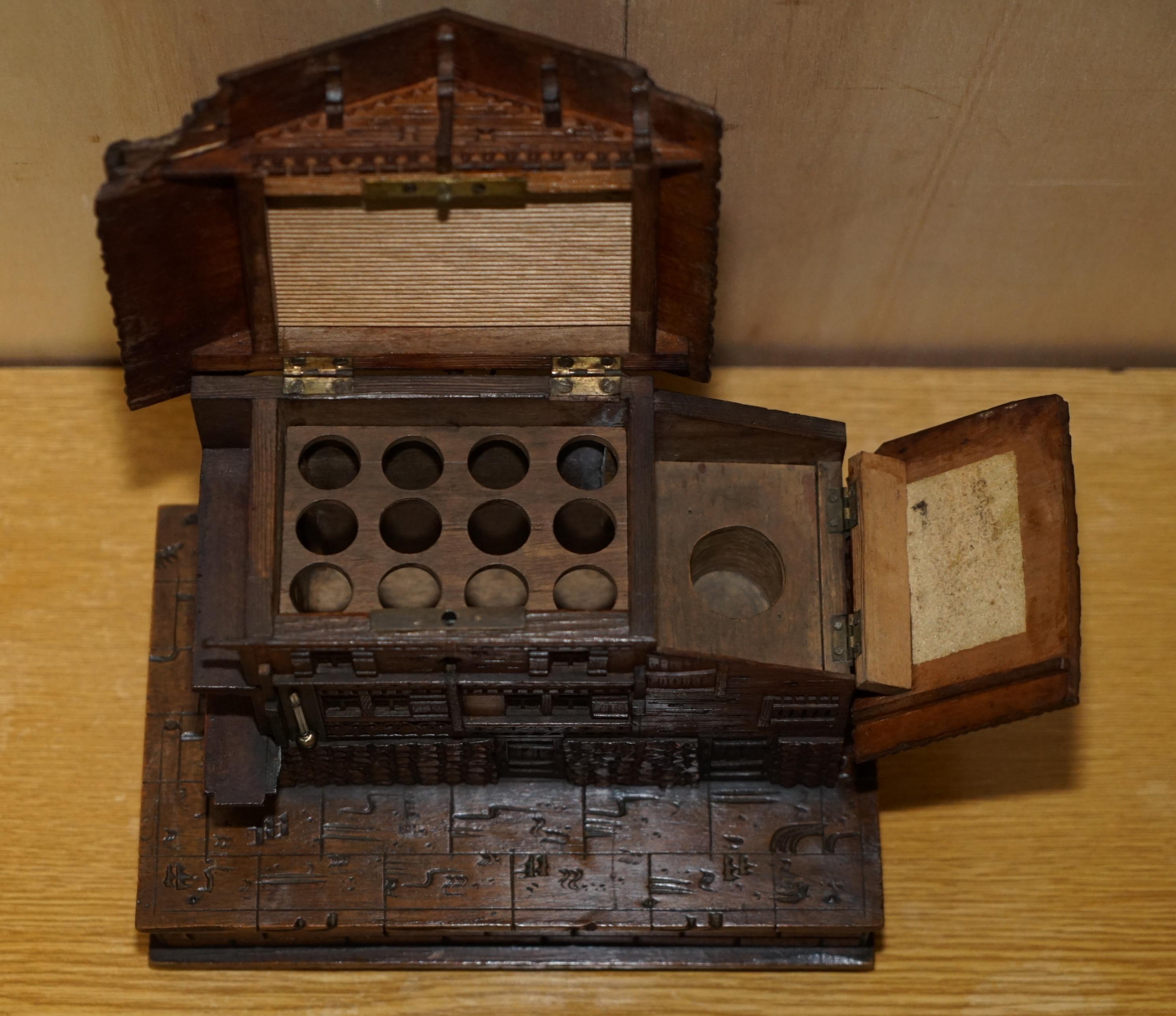 Stunning Original Antique Hand Carved Black Forest Wood Cigar Box Humidor House For Sale 9