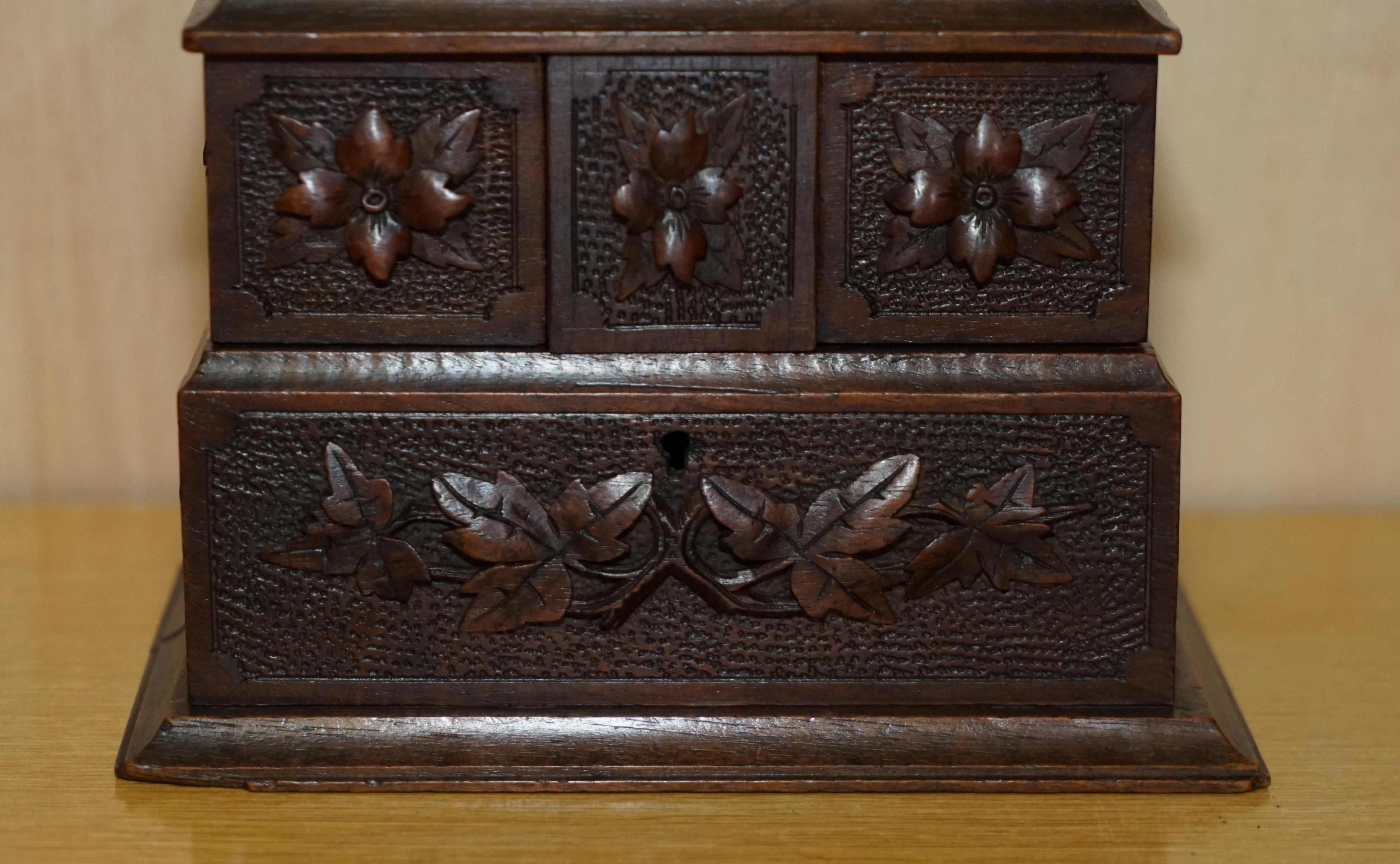 Swiss Stunning Original Antique Hand Carved Black Forest Wood Jewellery Box For Sale