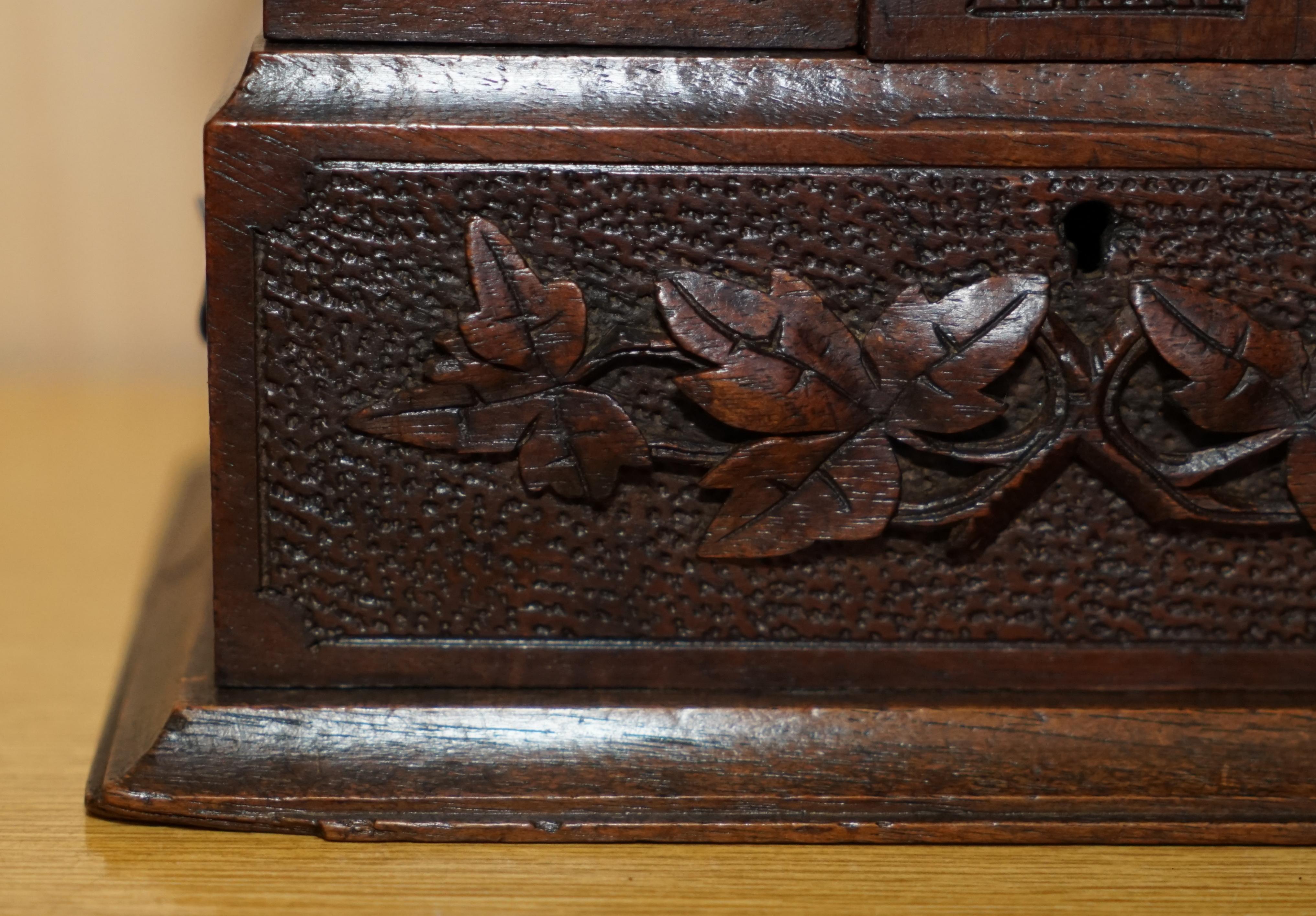 Stunning Original Antique Hand Carved Black Forest Wood Jewellery Box For Sale 4