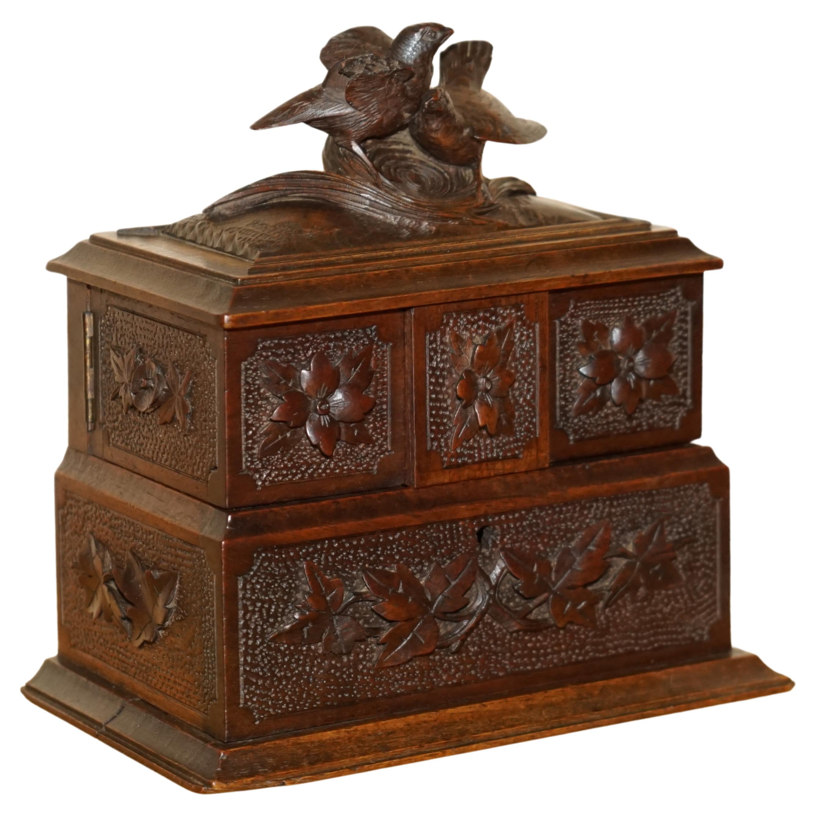 Stunning Original Antique Hand Carved Black Forest Wood Jewellery Box