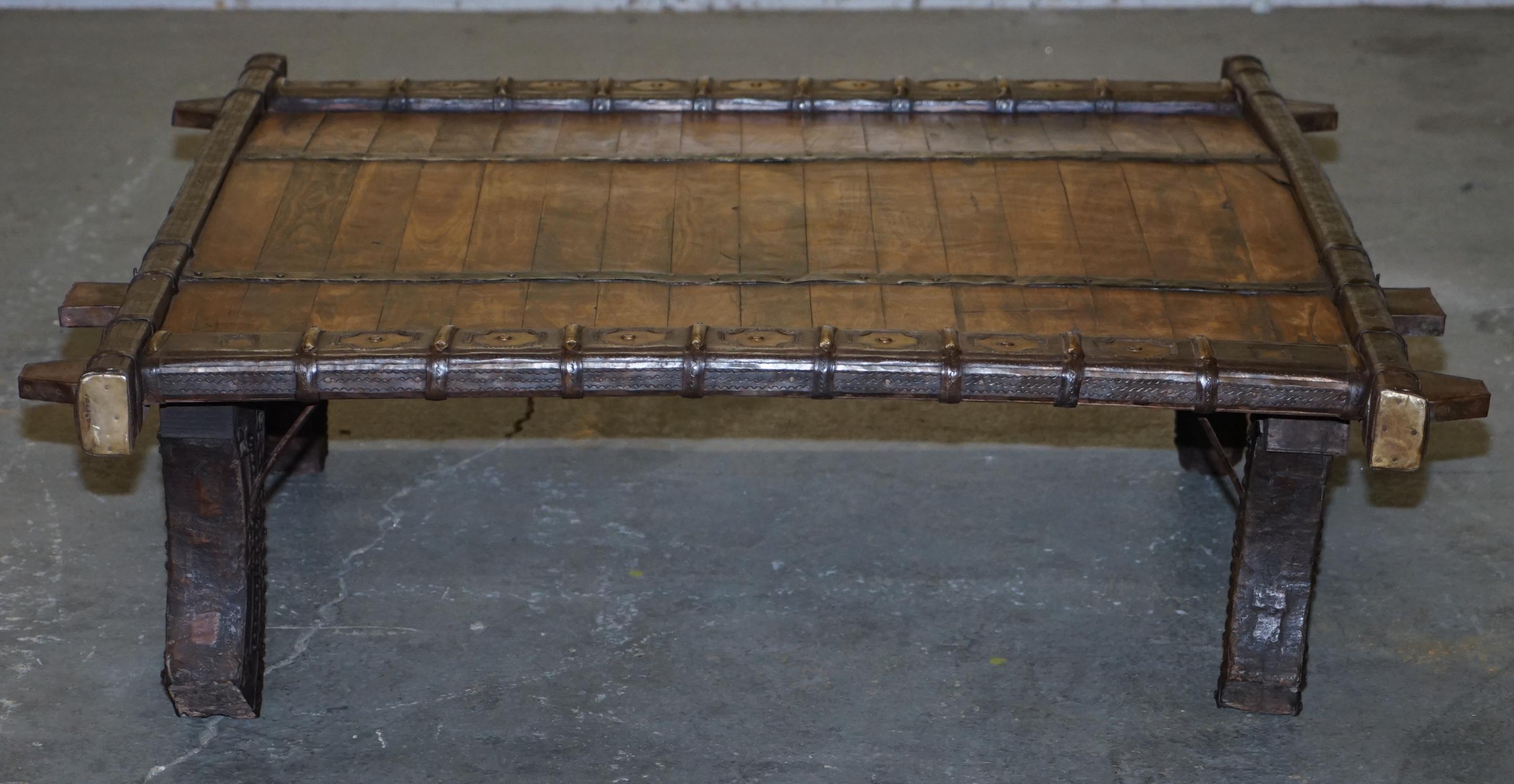 Metal ANTIQUE TIBETAN CAMEL OR OX CART RECLAiMED WOOD & METAL BOUND COFFEE TABLE