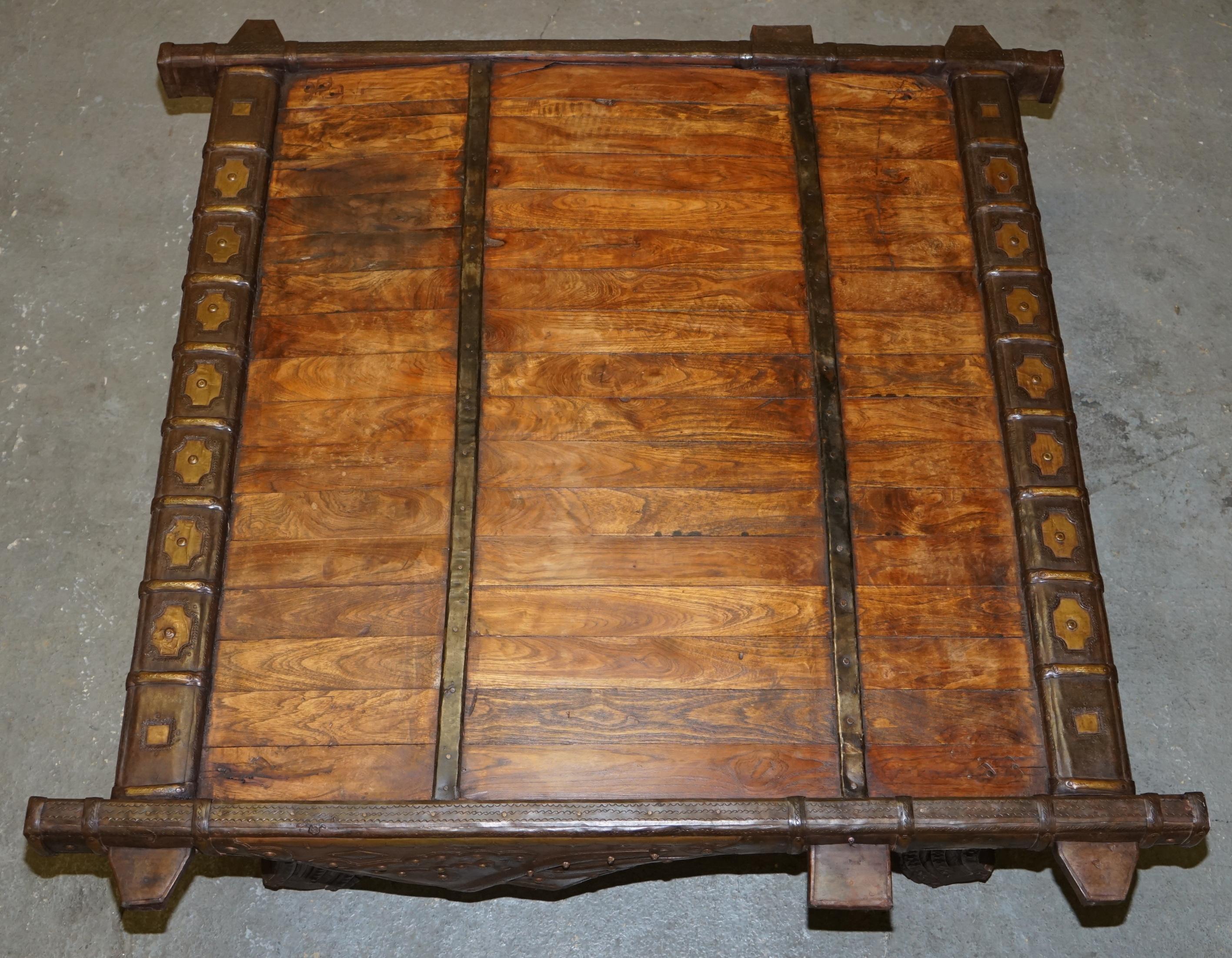 Hand-Crafted ANTIQUE TIBETAN CAMEL OR OX CART RECLAiMED WOOD & METAL BOUND COFFEE TABLE For Sale