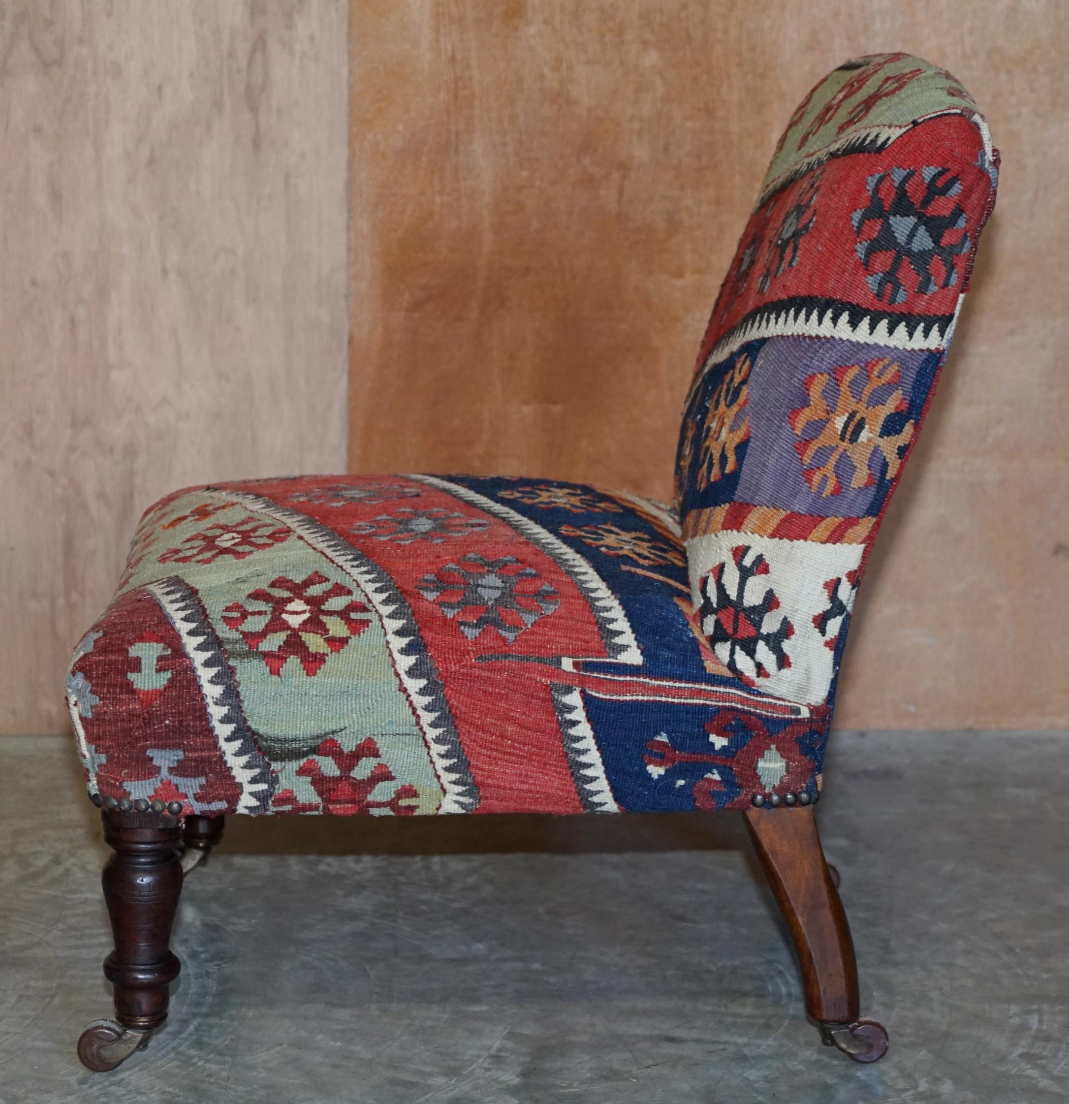 Mid-19th Century Stunning Original Antique Victorian 1860 Kilim Upholstered Side Occasional Chair