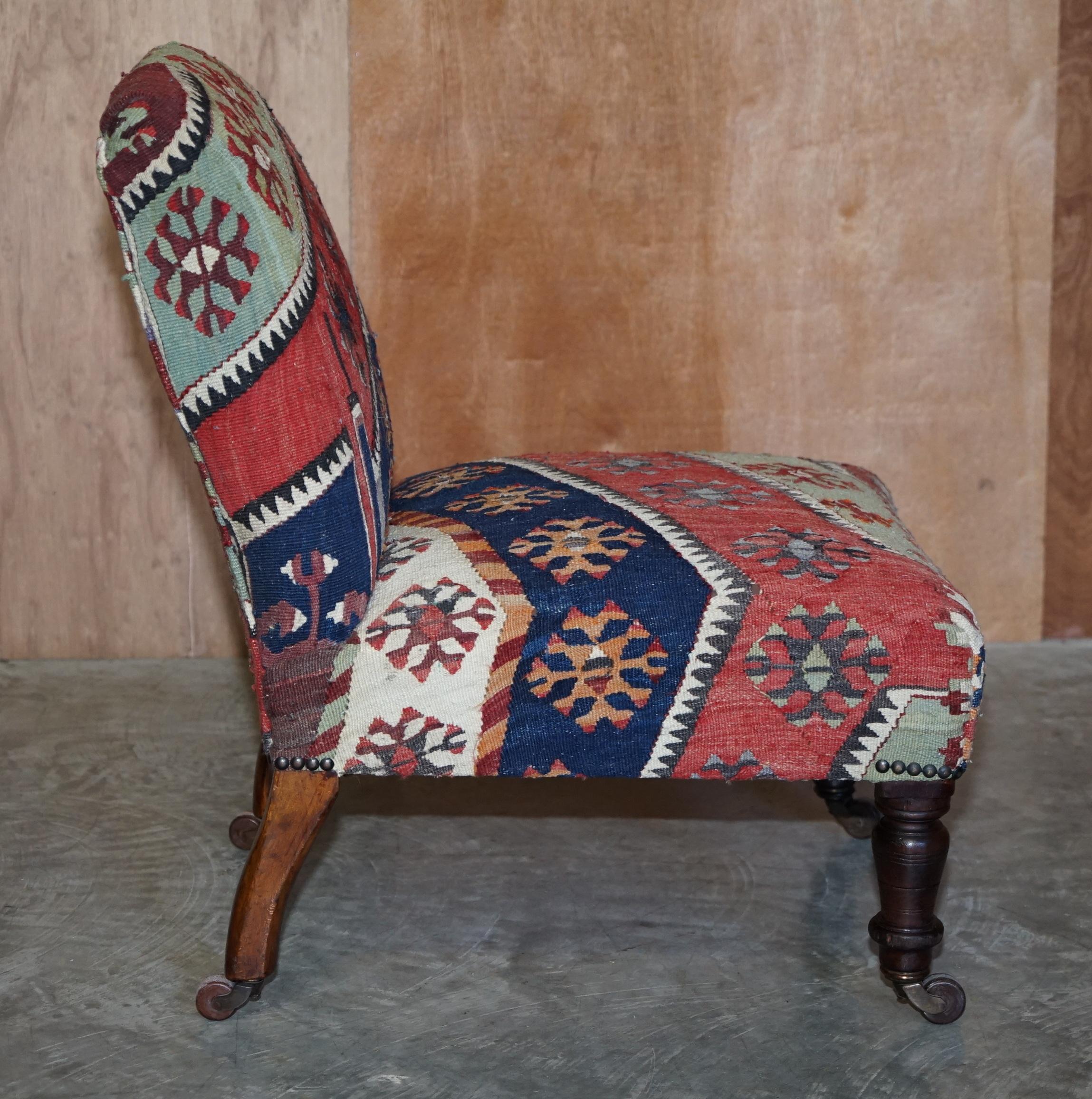 Upholstery Stunning Original Antique Victorian 1860 Kilim Upholstered Side Occasional Chair