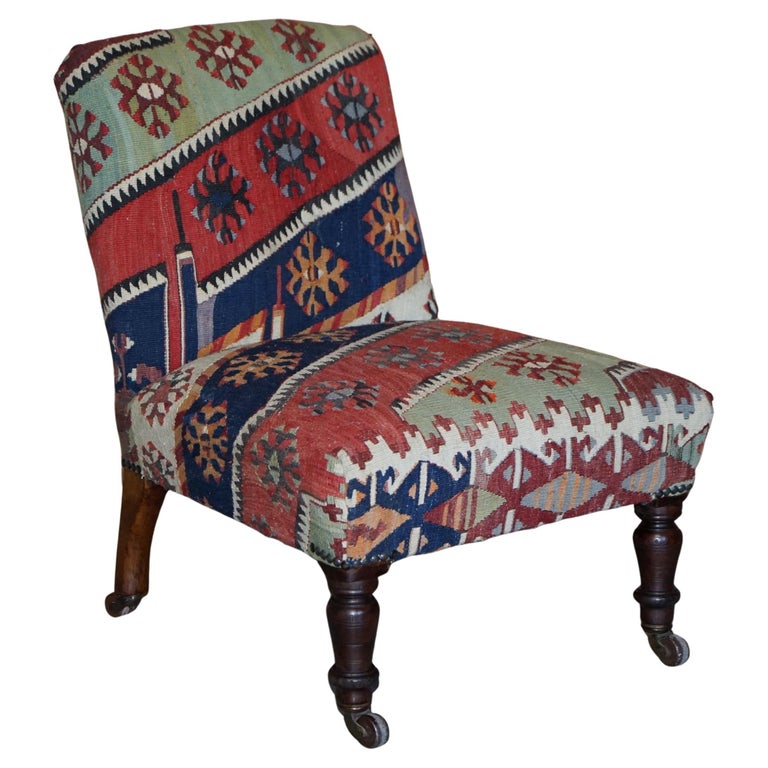 Stunning Original Antique Victorian 1860 Kilim Upholstered Side