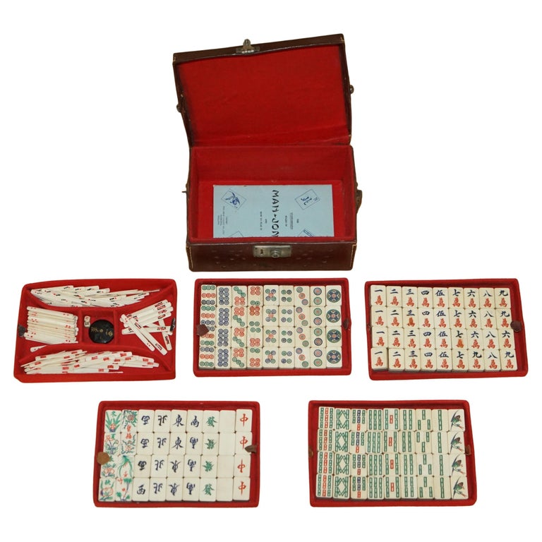 Vintage Chinese Bamboo Mahjong Game Set in Brocade Fabric Carrying Case