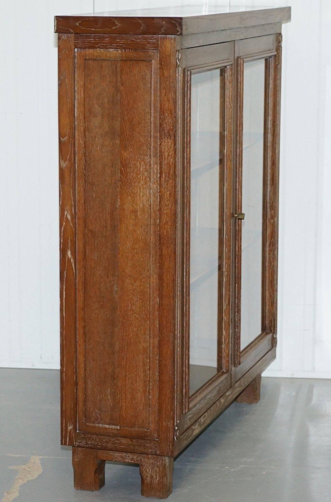 Hand-Carved Stunning Original Limed Oak Art Deco Display Bookcase Cabinet Part of Suite