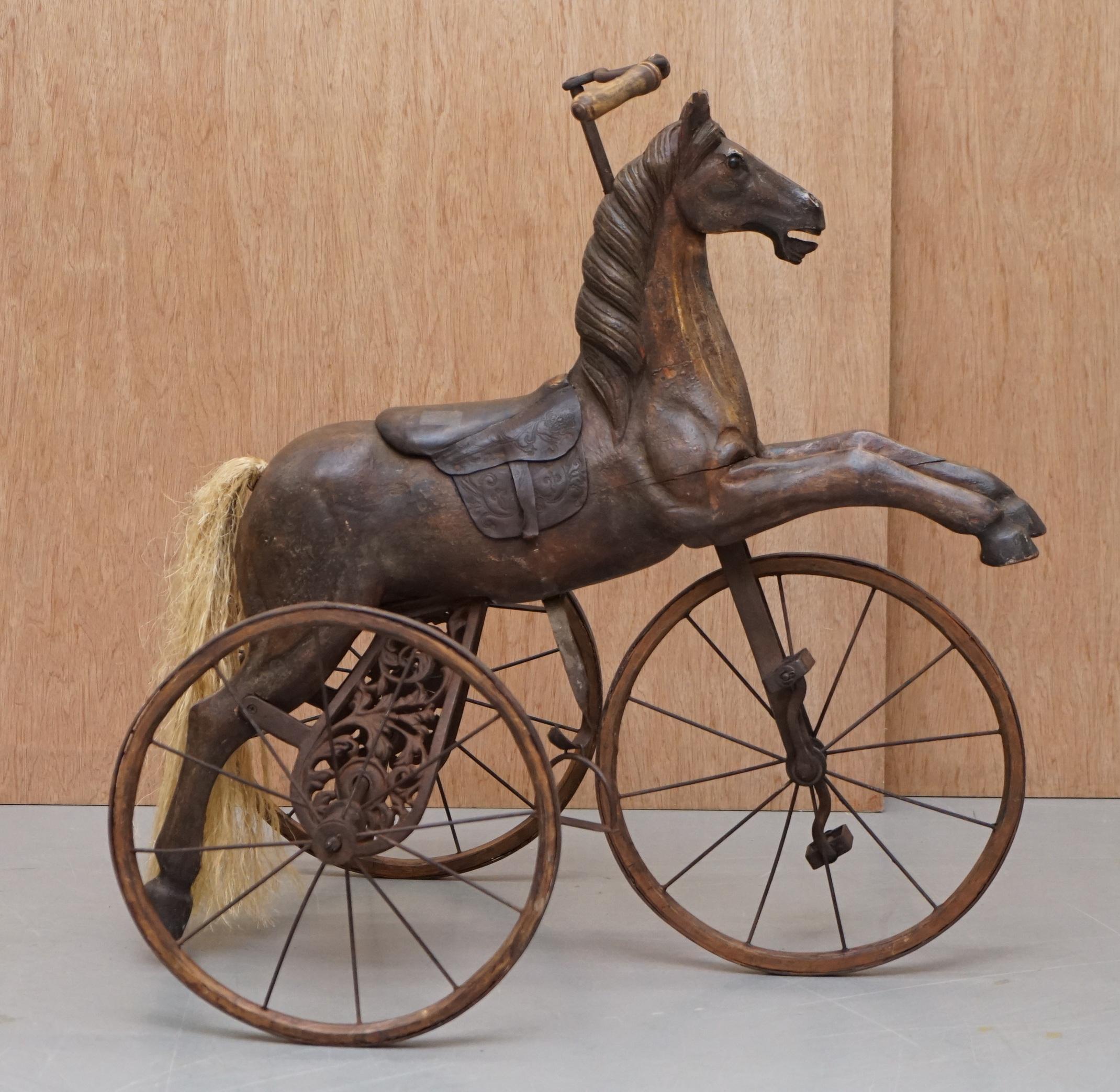 English Stunning Original Paint and Leather Saddle Victorian Horse Tricycle Decorative