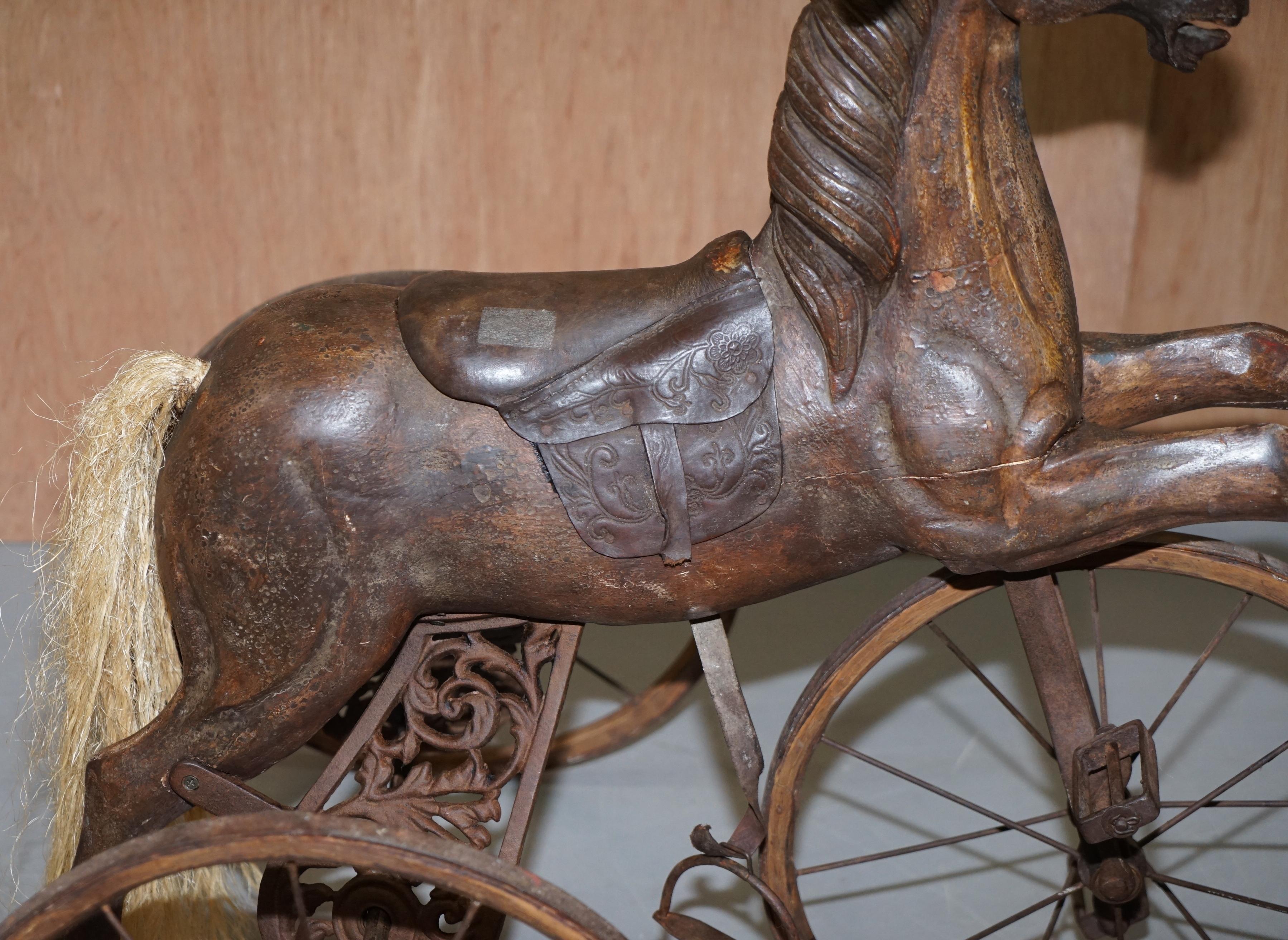 English Stunning Original Paint and Leather Saddle Victorian Horse Tricycle Decorative