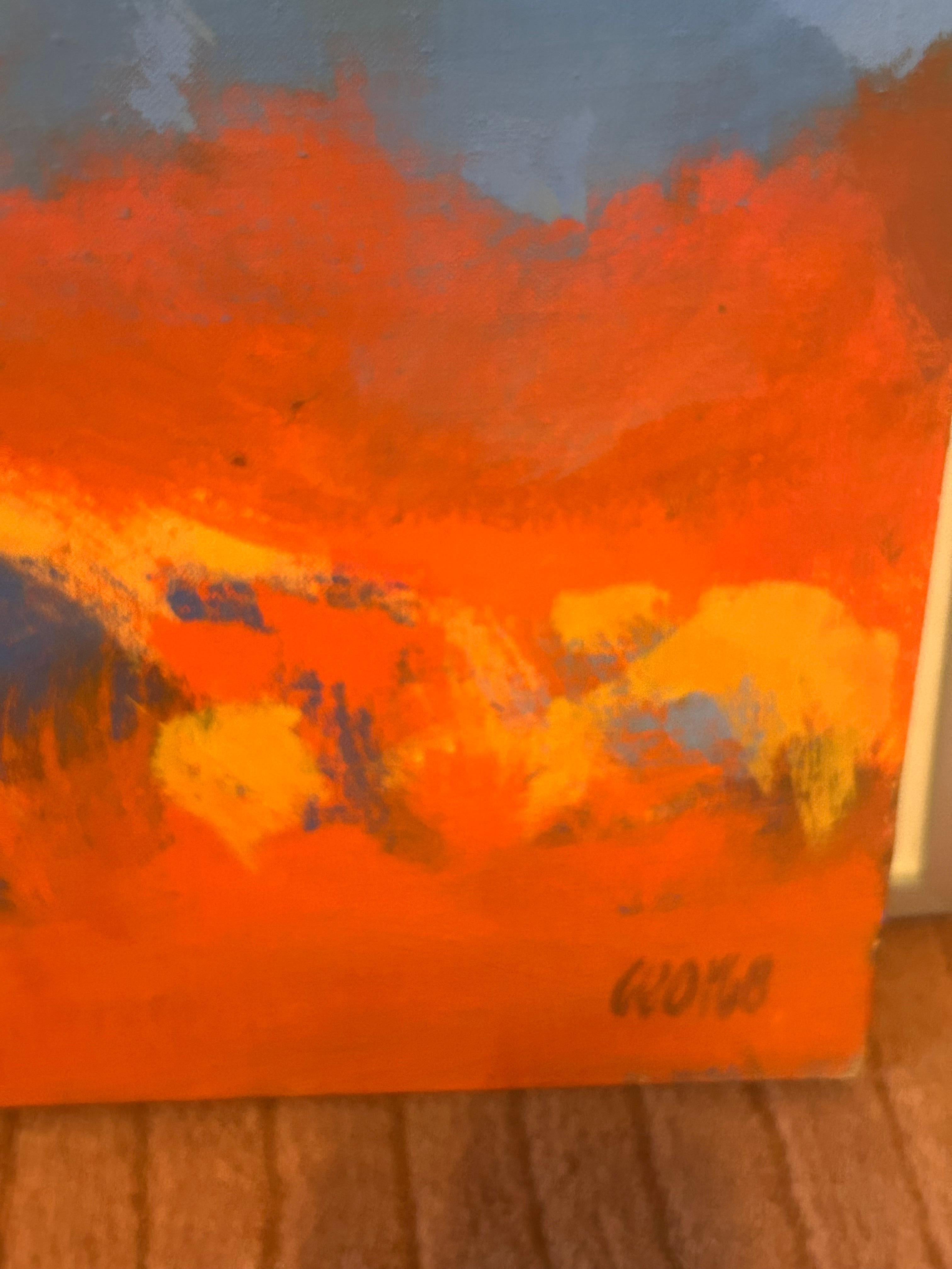 Auffälliges, kraftvolles Gemälde eines sich abzeichnenden Berges vor violettem Himmel mit feurigem Vordergrund.  Malerische und kraftvolle Kunst des berühmten Princeton-Künstlers Thomas George.


Thomas George (1918-2014) war ein international