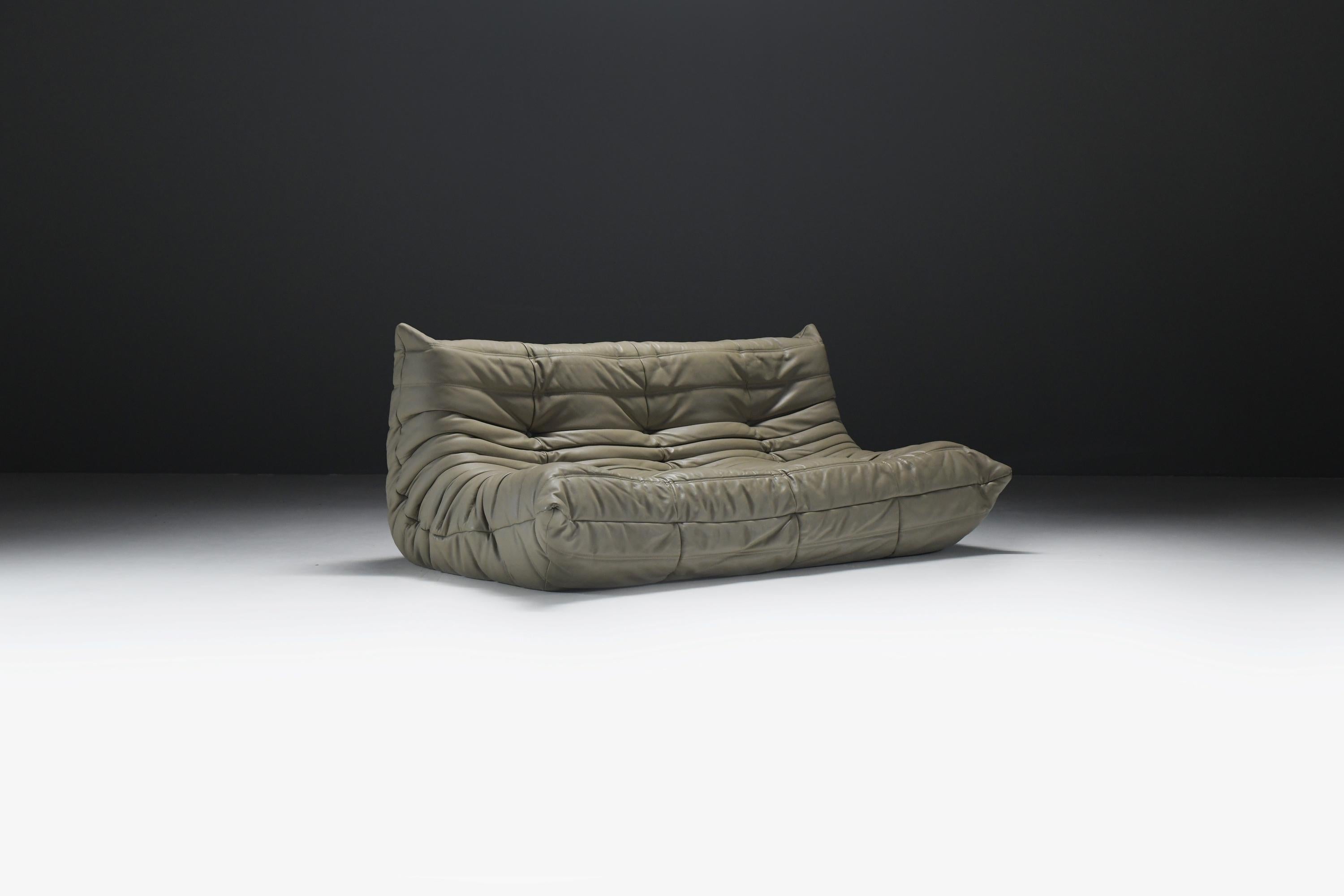 Stunning, original Togo (2011) in khaki leather by Michel Ducaroy - Ligne Roset In Good Condition In Buggenhout, Oost-Vlaanderen