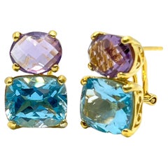 Stunning Oval Amethyst and Cushion-cut Sky Blue Topaz Vermeil Earrings