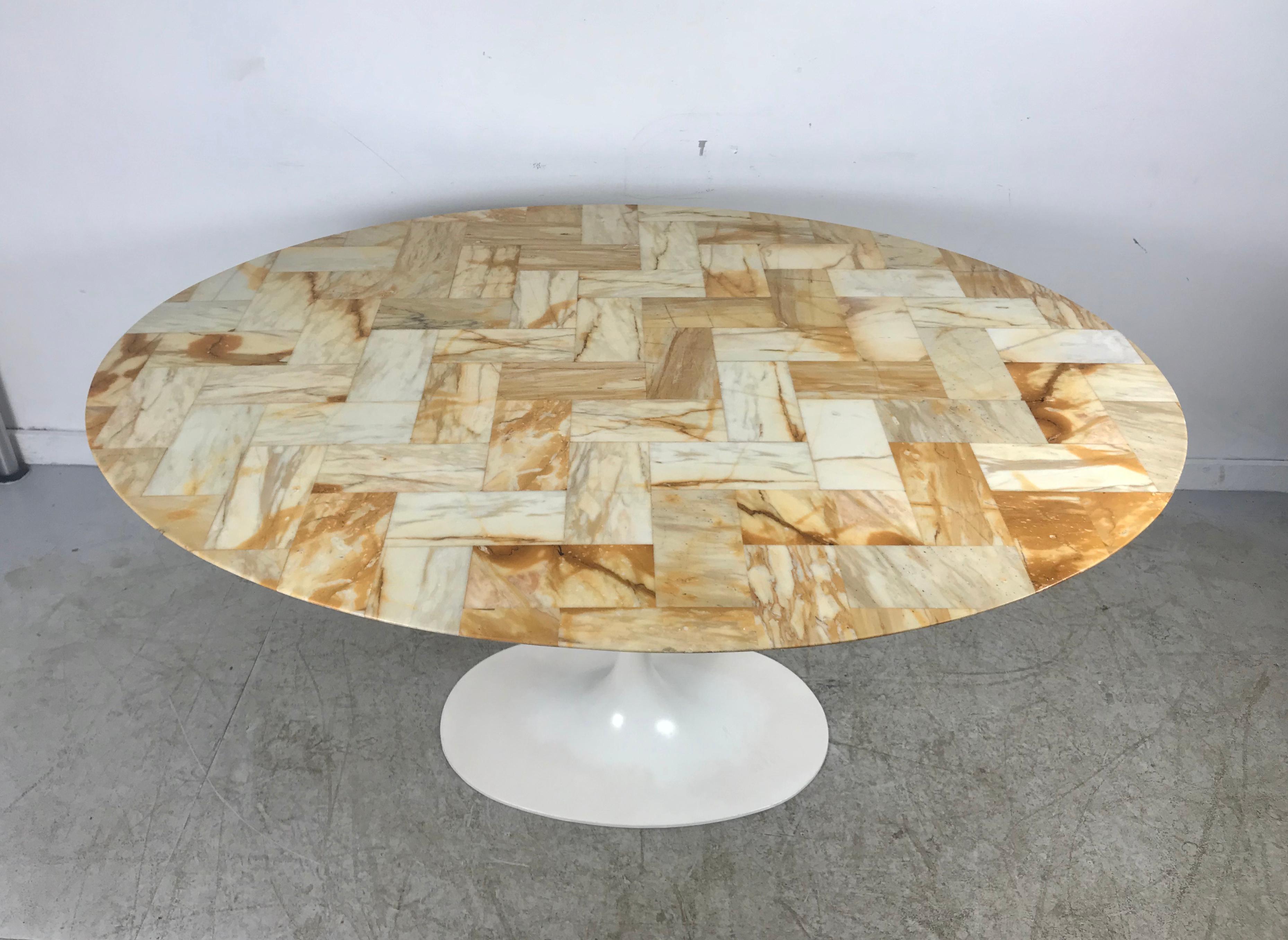 American Stunning Oval Patchwork Marble Saarinen /Knoll Style Tulip Pedestal Dining Table