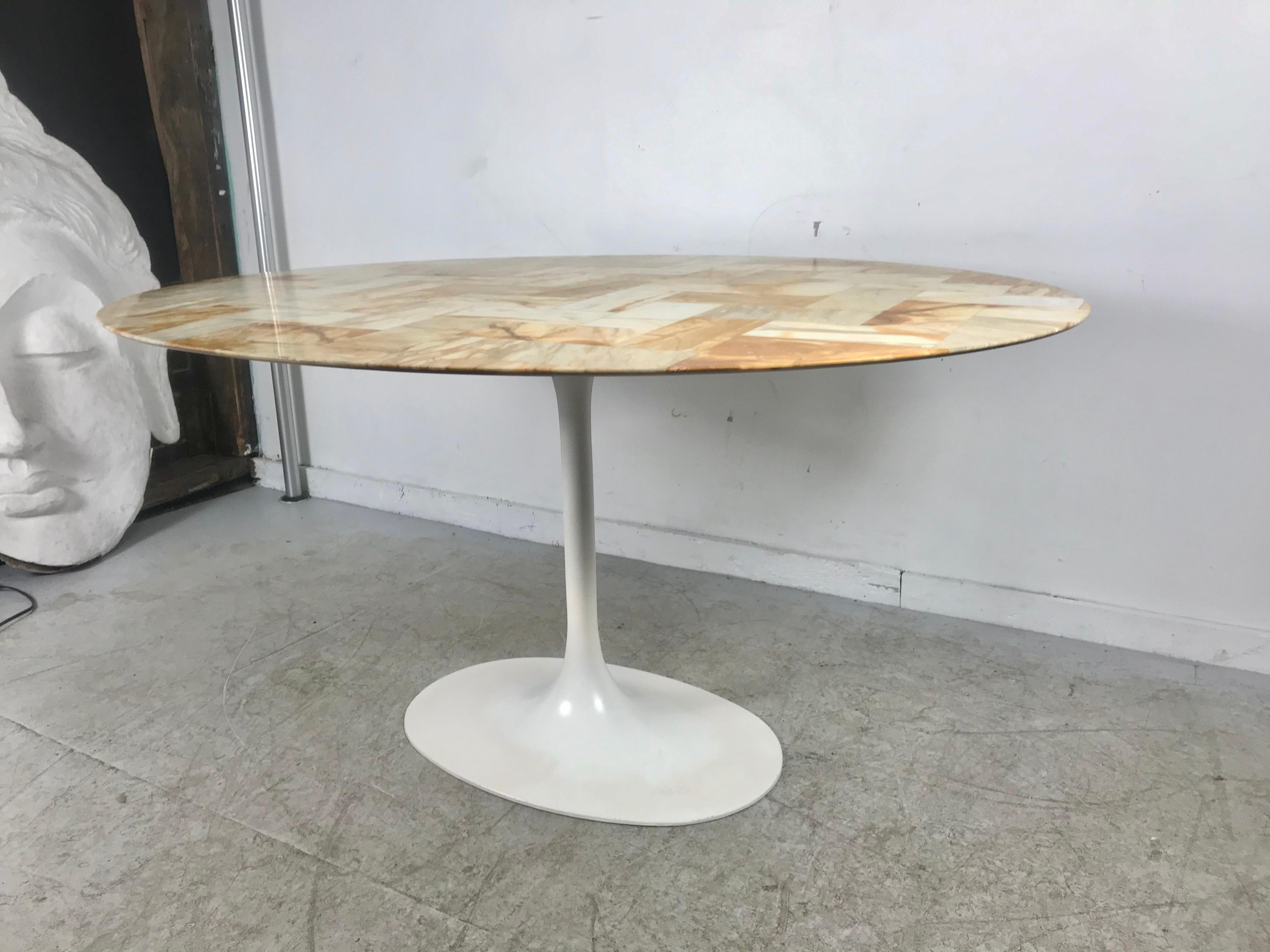 Painted Stunning Oval Patchwork Marble Saarinen /Knoll Style Tulip Pedestal Dining Table