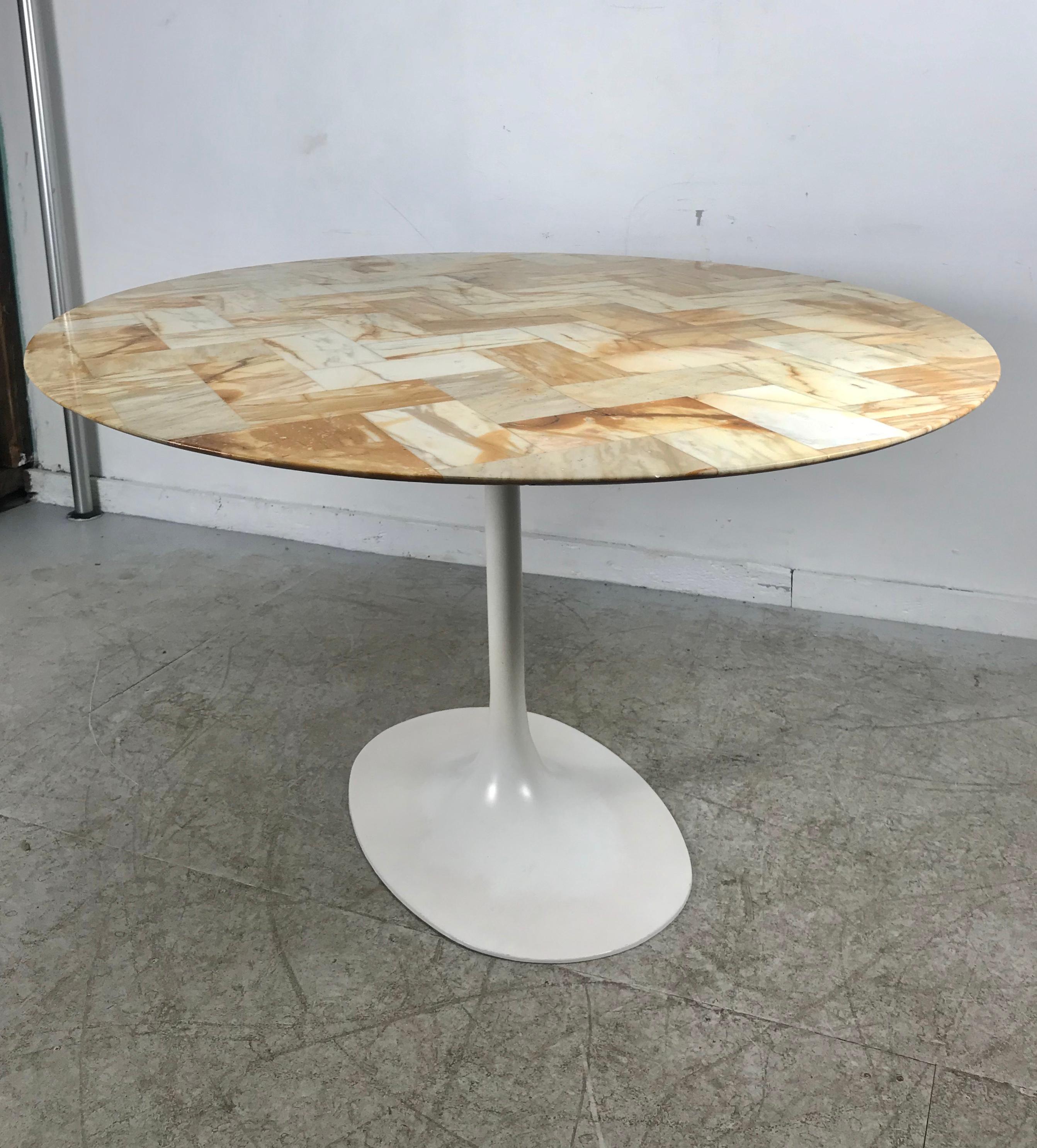 Aluminum Stunning Oval Patchwork Marble Saarinen /Knoll Style Tulip Pedestal Dining Table