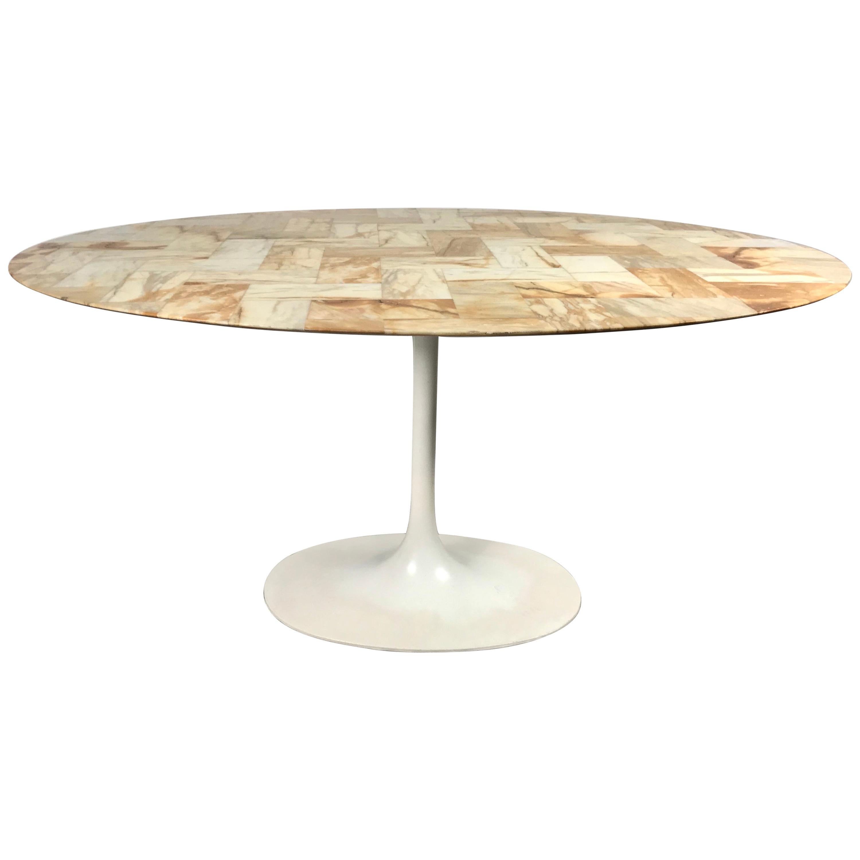 Stunning Oval Patchwork Marble Saarinen /Knoll Style Tulip Pedestal Dining Table