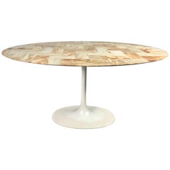 Used Stunning Oval Patchwork Marble Saarinen /Knoll Style Tulip Pedestal Dining Table
