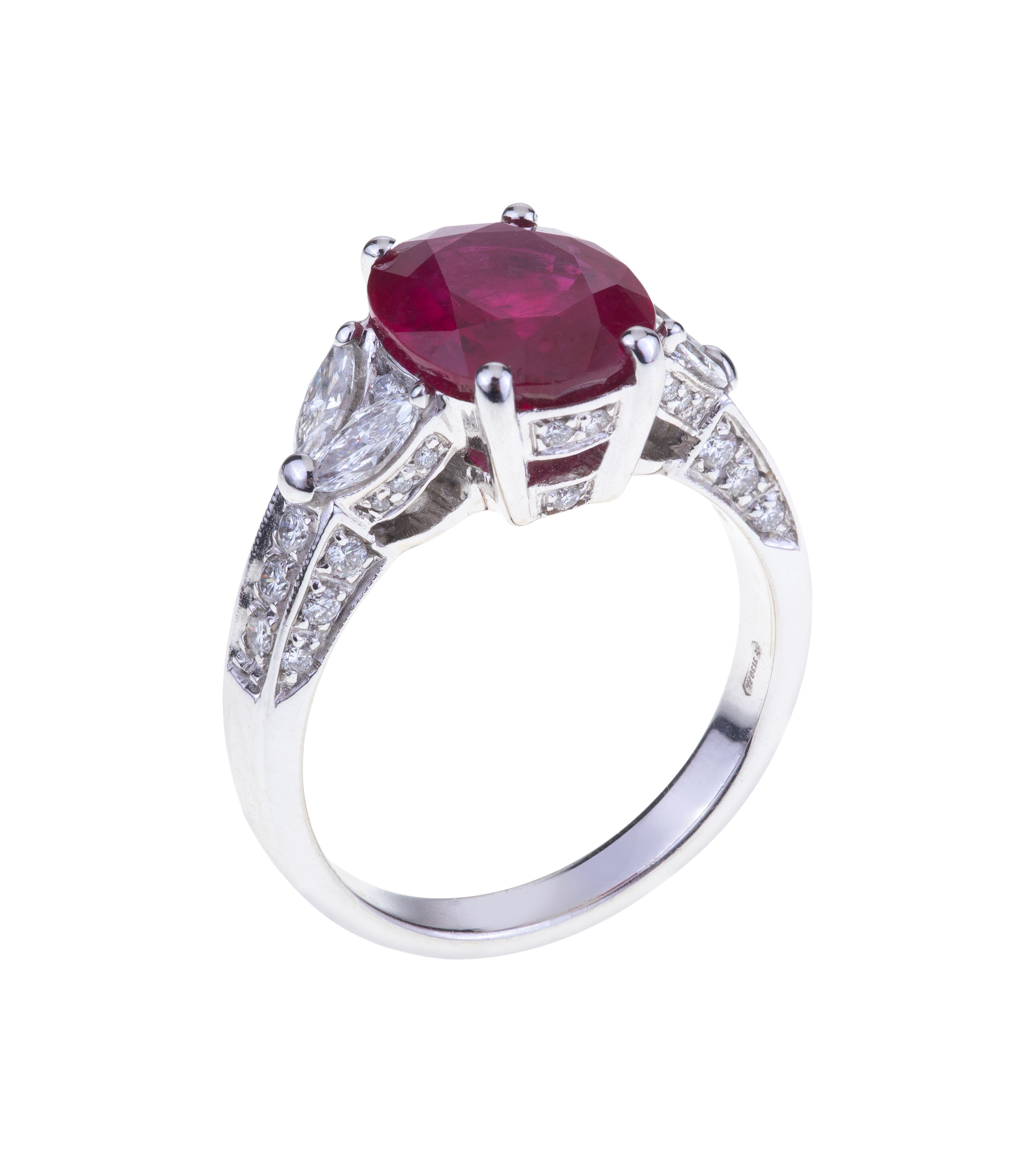 Stunning Oval Ruby Ring ct. 4.10 Certificate with Diamonds.
Classic Design for this Ring with a Stunning Ruby (ct. 4.10) with Diamonds on the side (ct. xxxx Round G-SI). The weight of 18kt Gold is xxxx Certificate 2016-0011322
Designed in