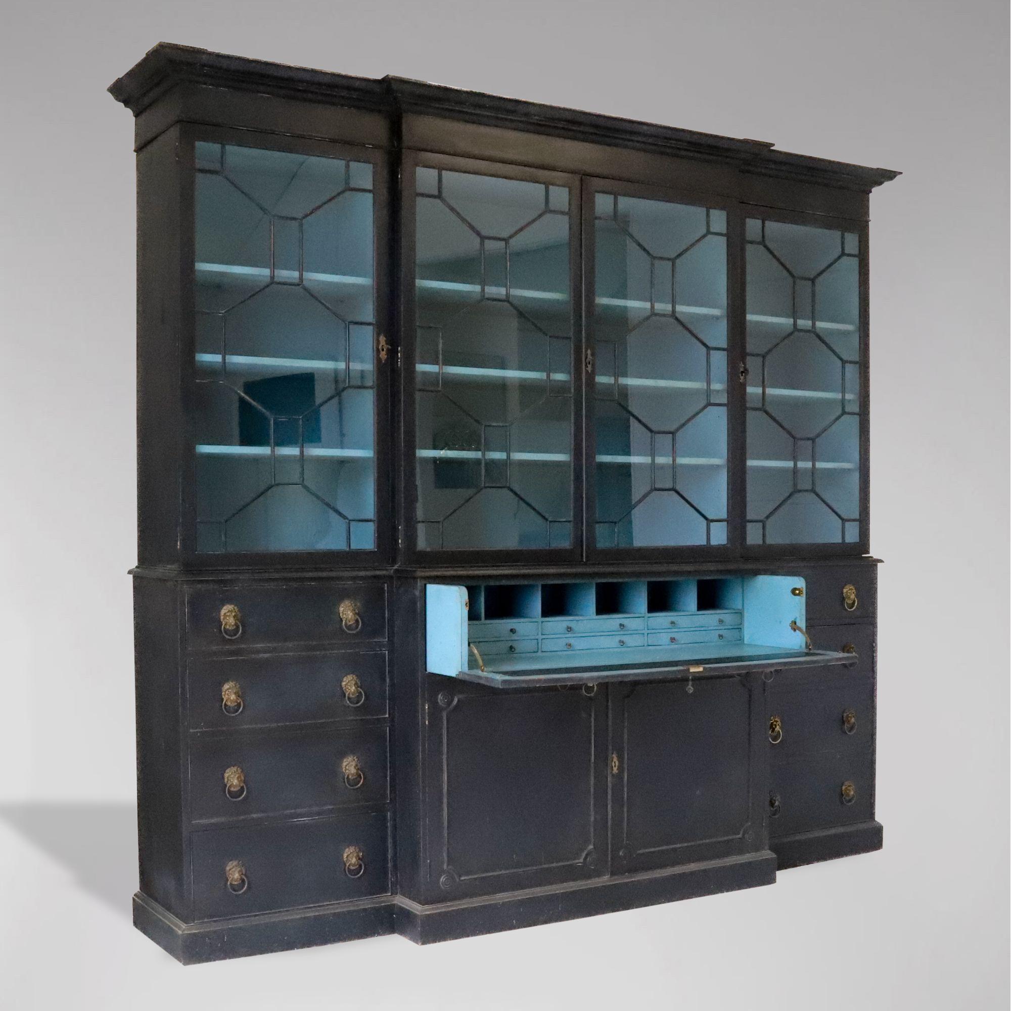 An early 20th century, good quality painted mahogany 4-door secretaire breakfront library bookcase, the moulded cornice above four astragal glazed doors, opening to adjustable shelves, interior painted in blue jeans. The lower section with central