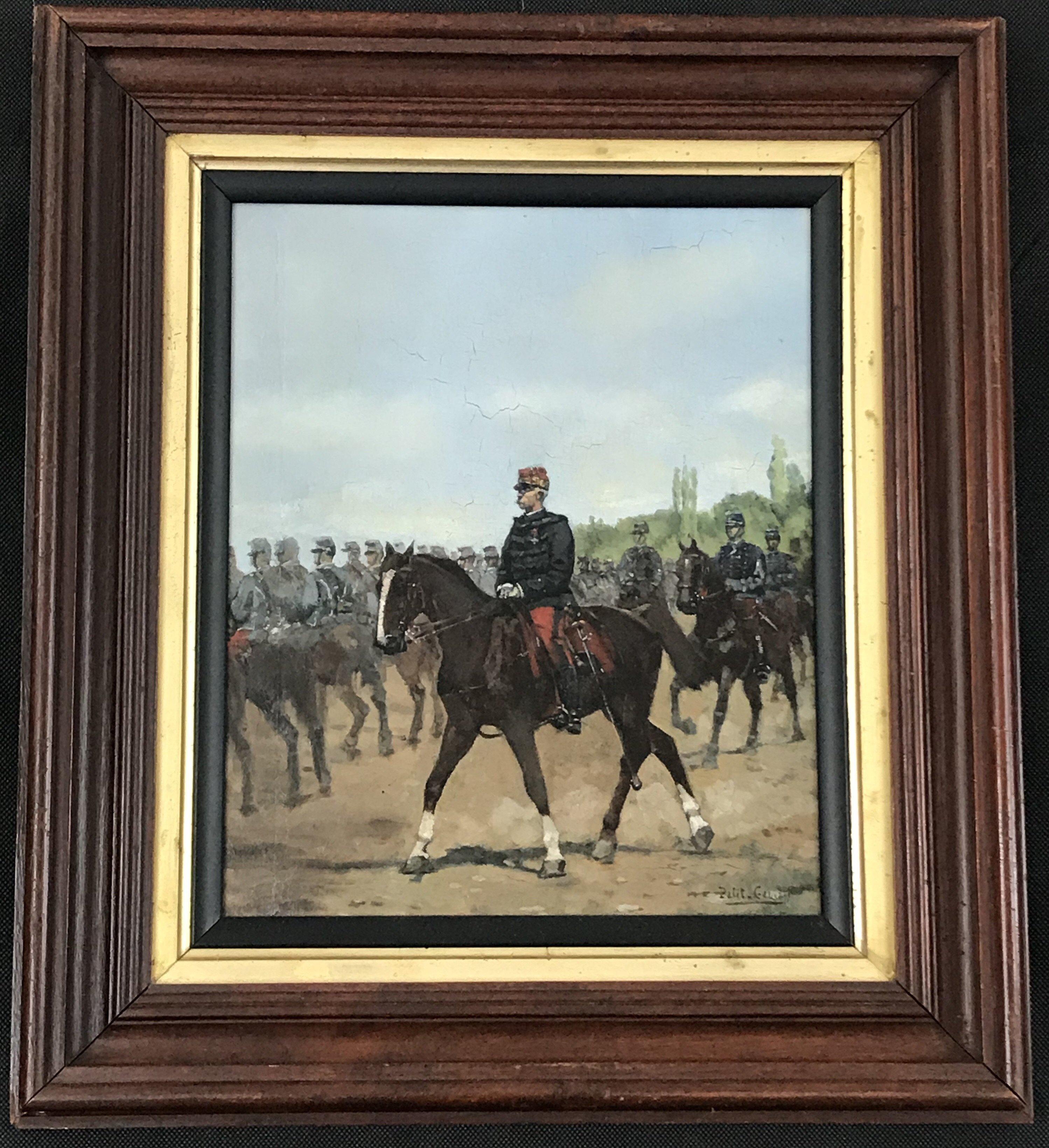 Wonderful painting by renowned French listed artist Pierre Peti-Gerard (1852-1933) depicting horsemen marching in a group, possibly getting ready for battle. In the background are beautifully rendered cypress trees.
#850.