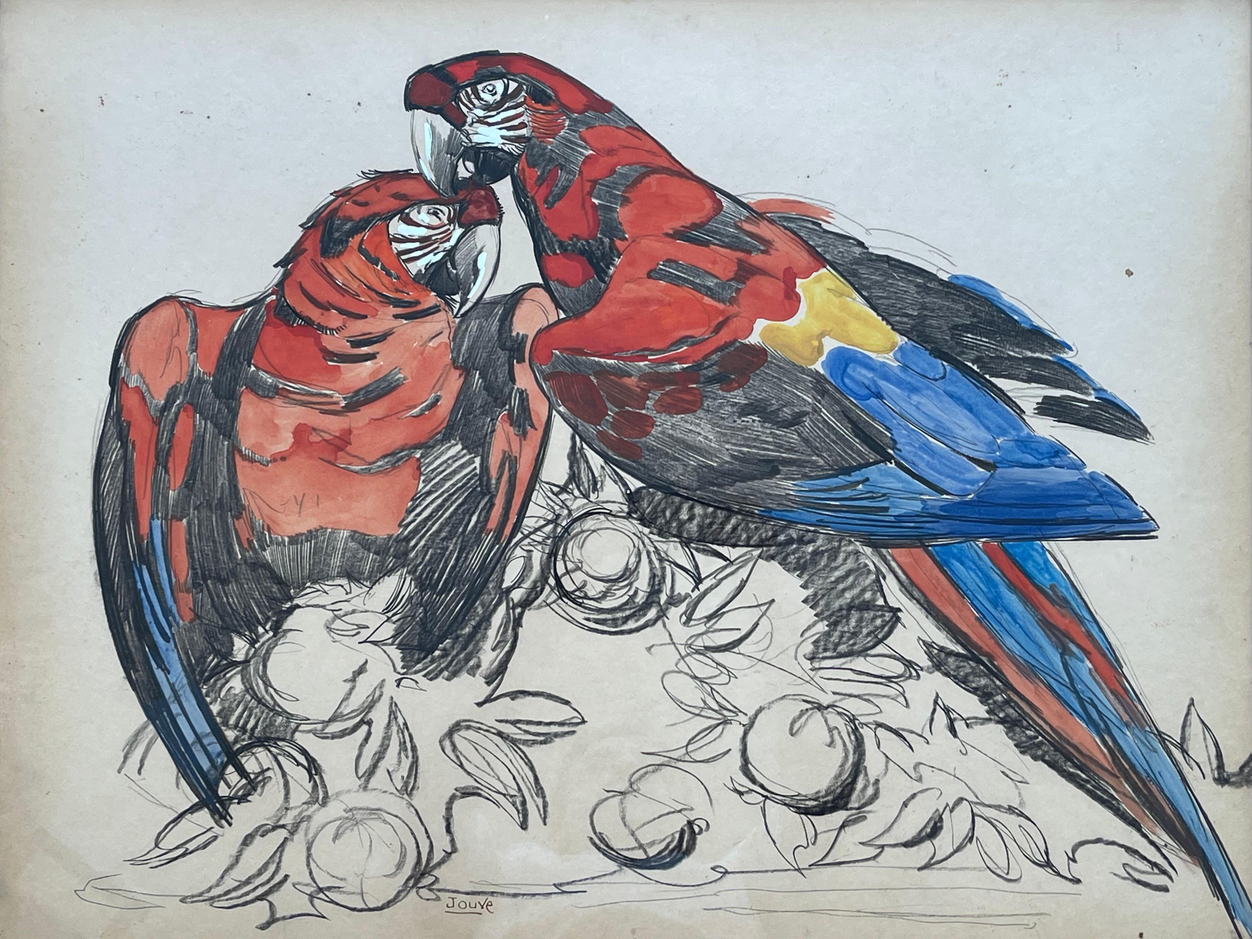 This stunning painting was created by the French artist Paul Jouve (1866-1924) in the 1930's and depicts two parrots.

Paul Jouve was an illustrator and sculptor who had a lifelong passion for animals, as evidenced by his fabulous portrayal of these