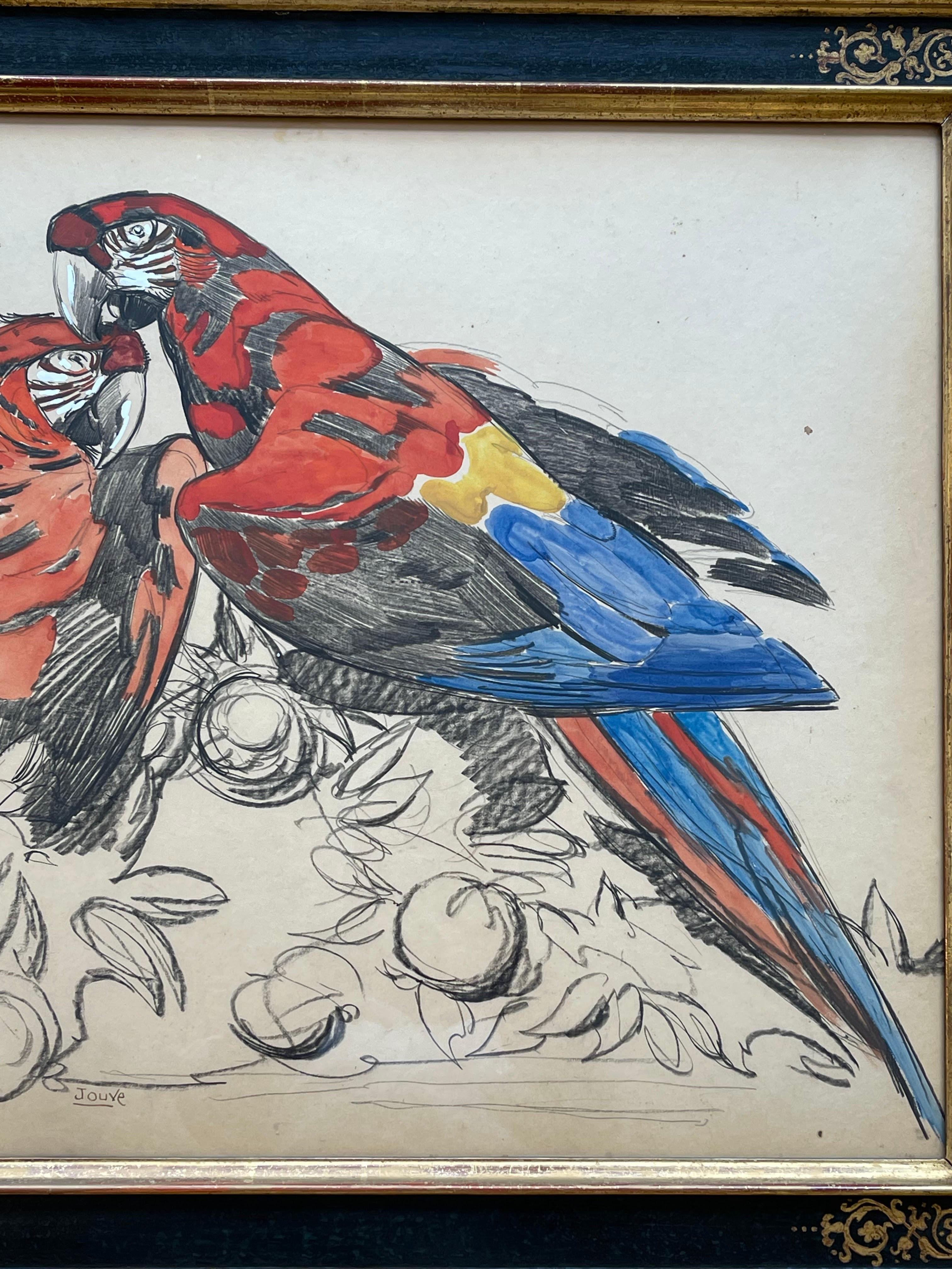 Peint Superbe peinture sur papier, « Deux perroquets » de Paul Jouve, France, Art Déco, années 1930 en vente