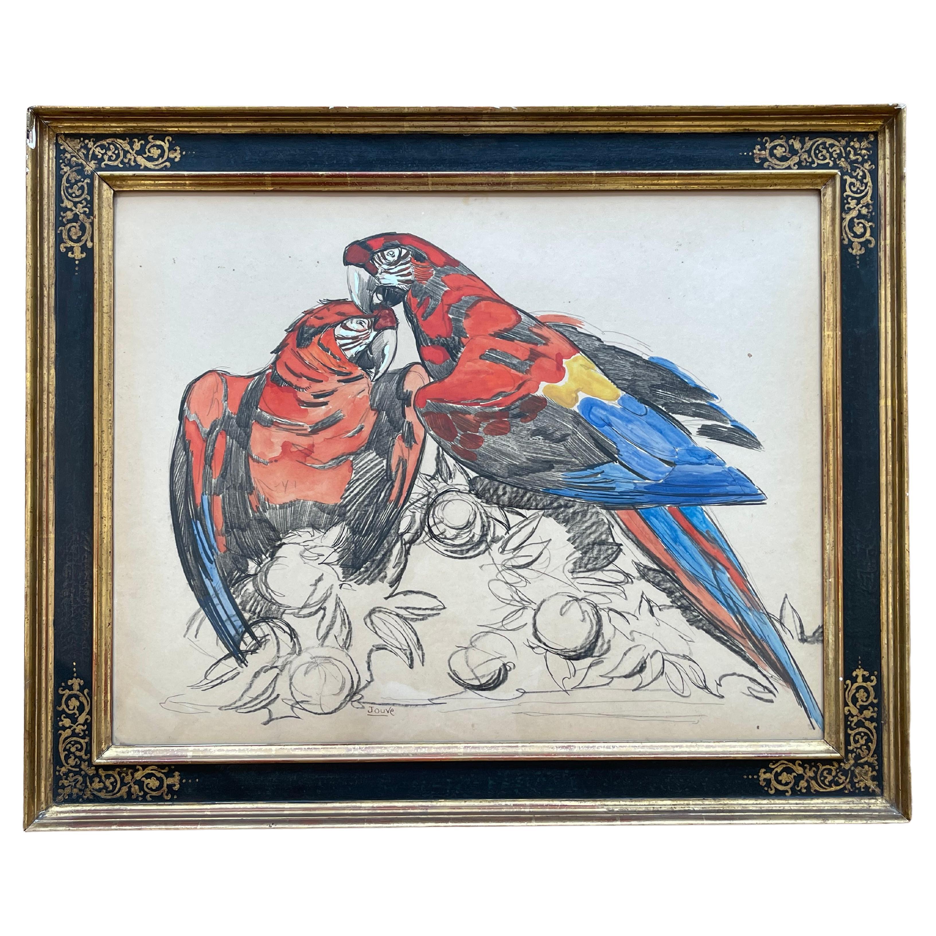 Stunning Painting on Paper, "Two Parrots" by Paul Jouve, France, Art Deco, 1930s