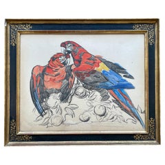 Stunning Painting on Paper, "Two Parrots" by Paul Jouve, France, Art Deco, 1930s
