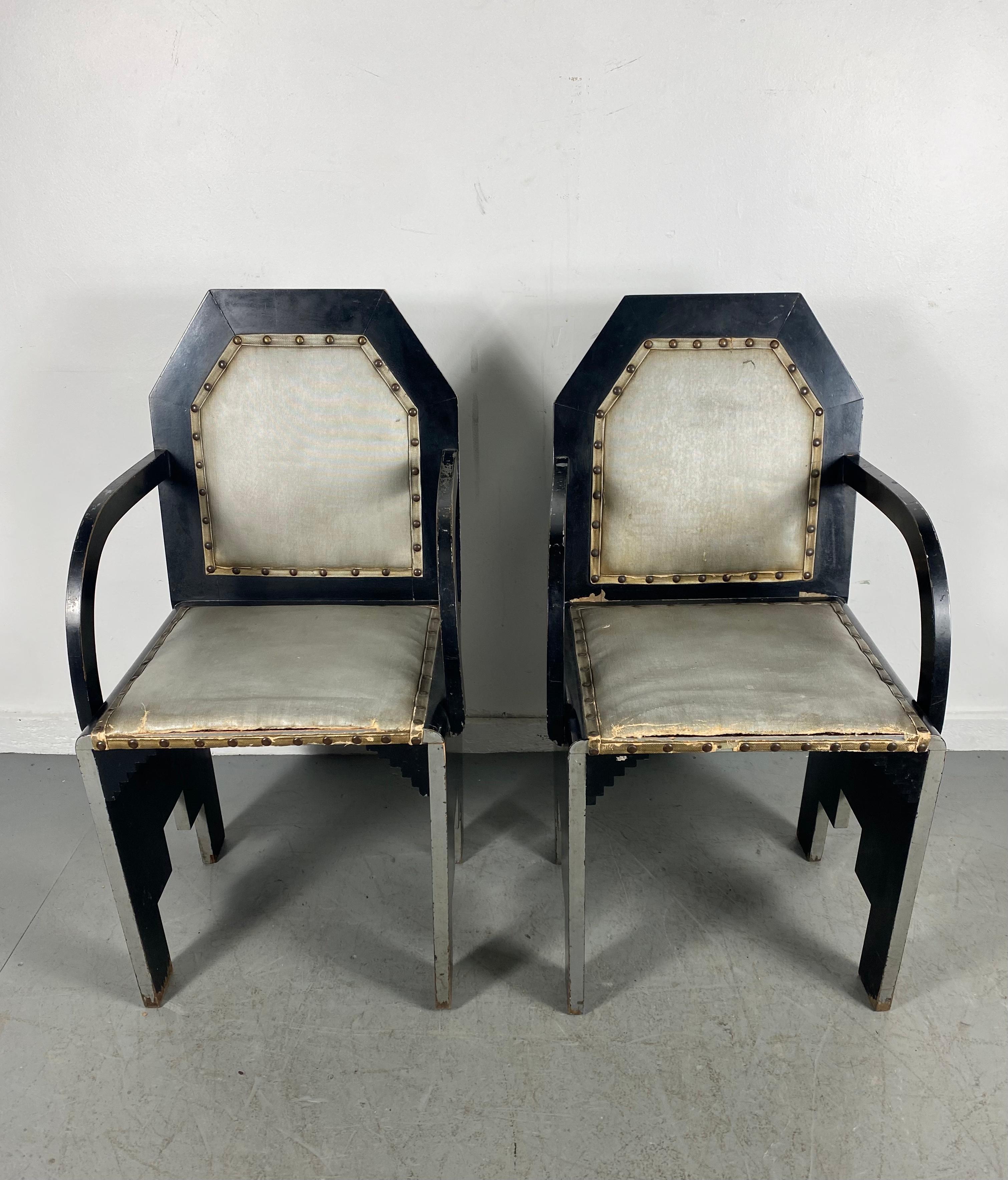 Lacquered Stunning Pair 1920's Sky-Scraper Art Deco Arm Chairs Attrib to Paul Frankl