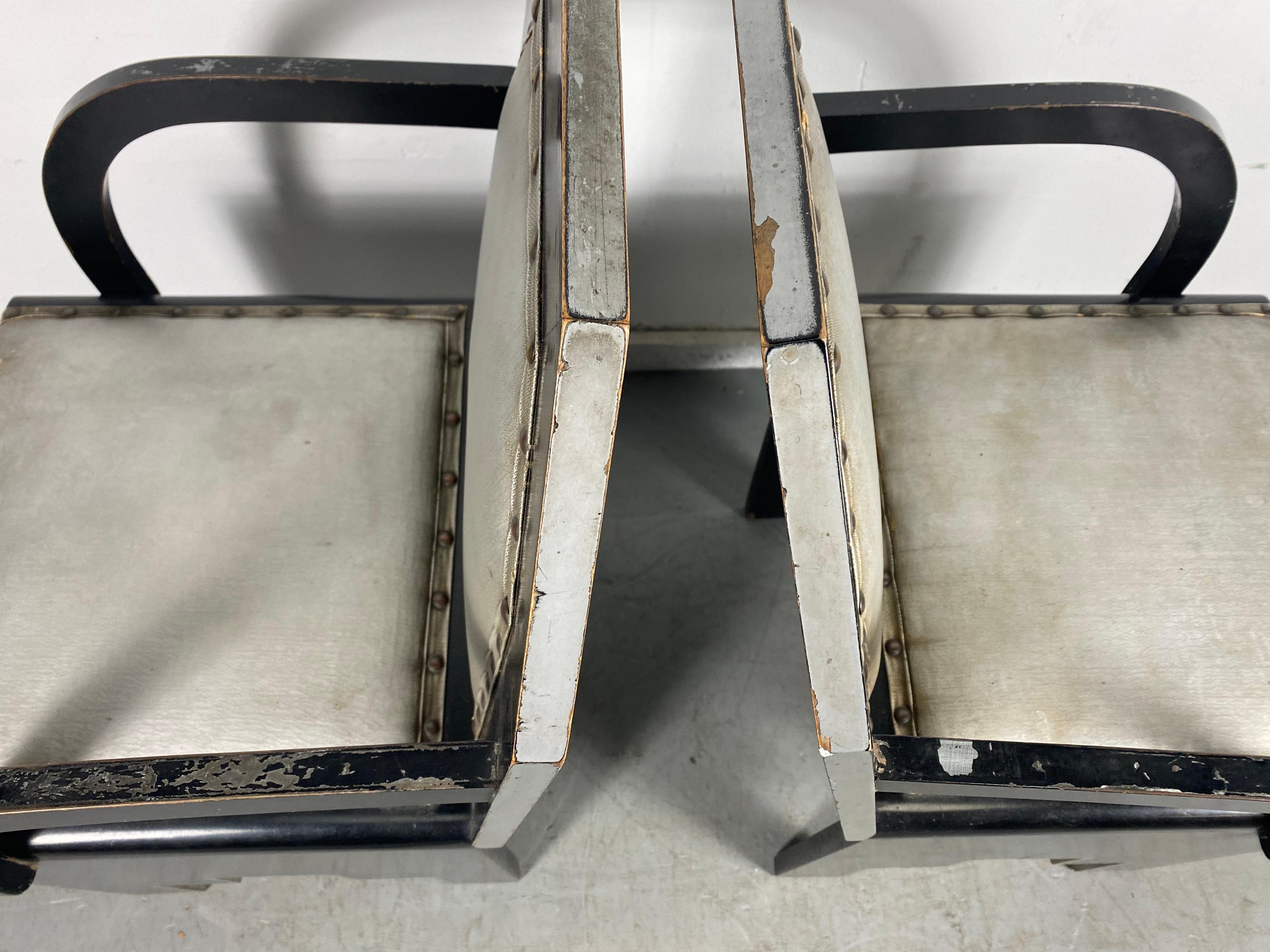 Fabric Stunning Pair 1920's Sky-Scraper Art Deco Arm Chairs Attrib to Paul Frankl
