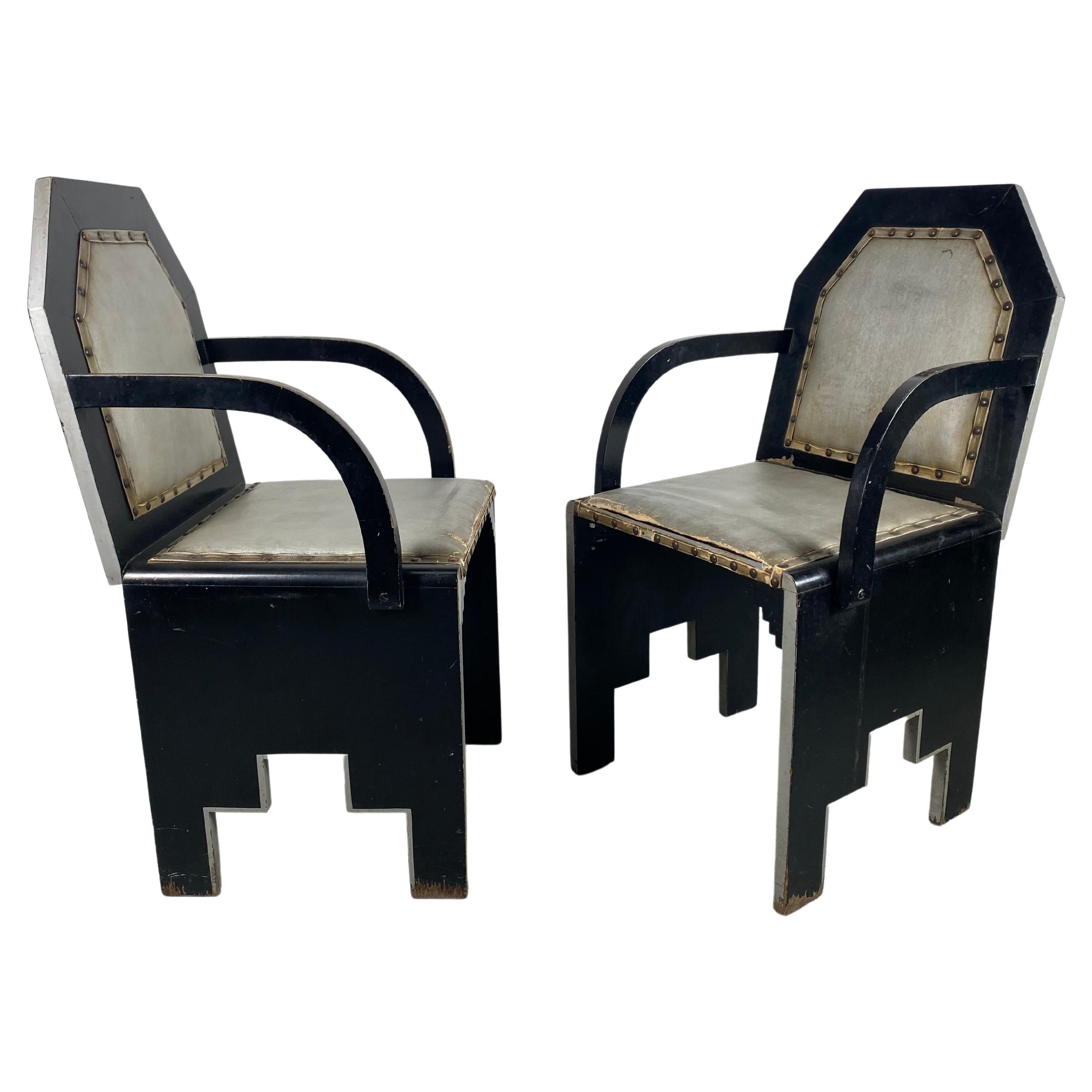 Stunning Pair 1920's Sky-Scraper Art Deco Arm Chairs Attrib to Paul Frankl