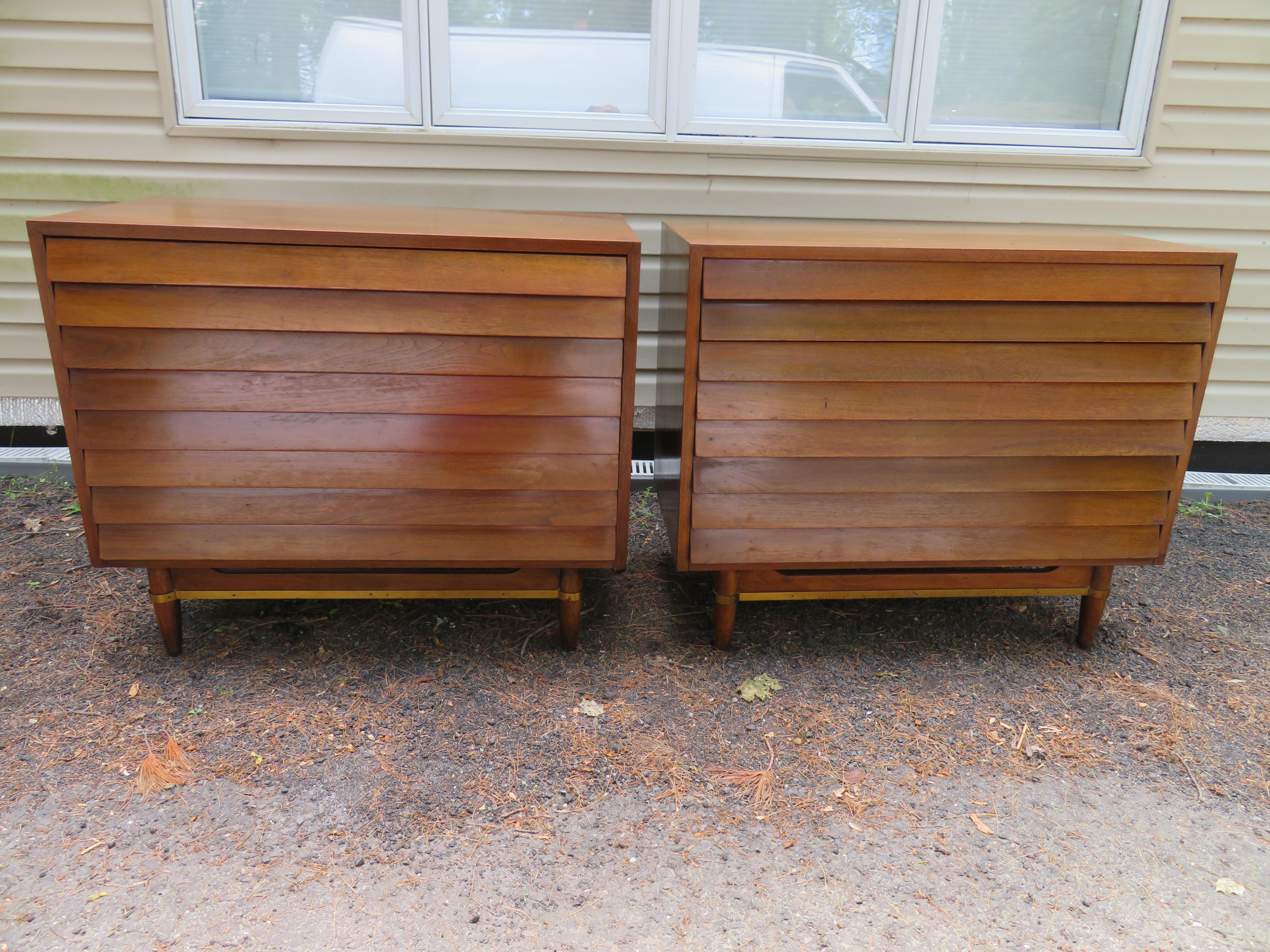 Stunning Pair American of Martinsville Walnut Brass Louvered Bachelors Chests 13