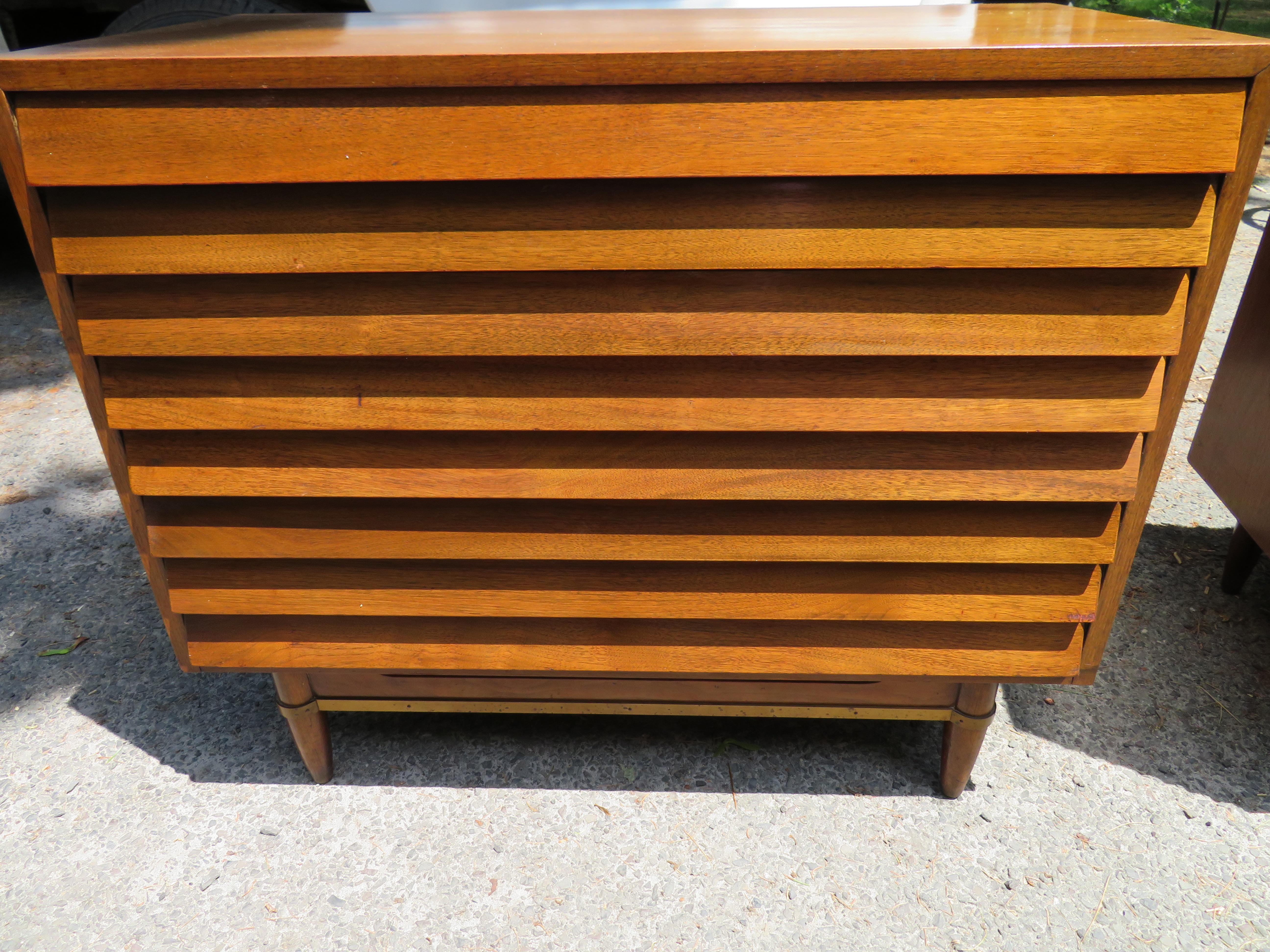 Stunning Pair American of Martinsville Walnut Brass Louvered Bachelors Chests 3