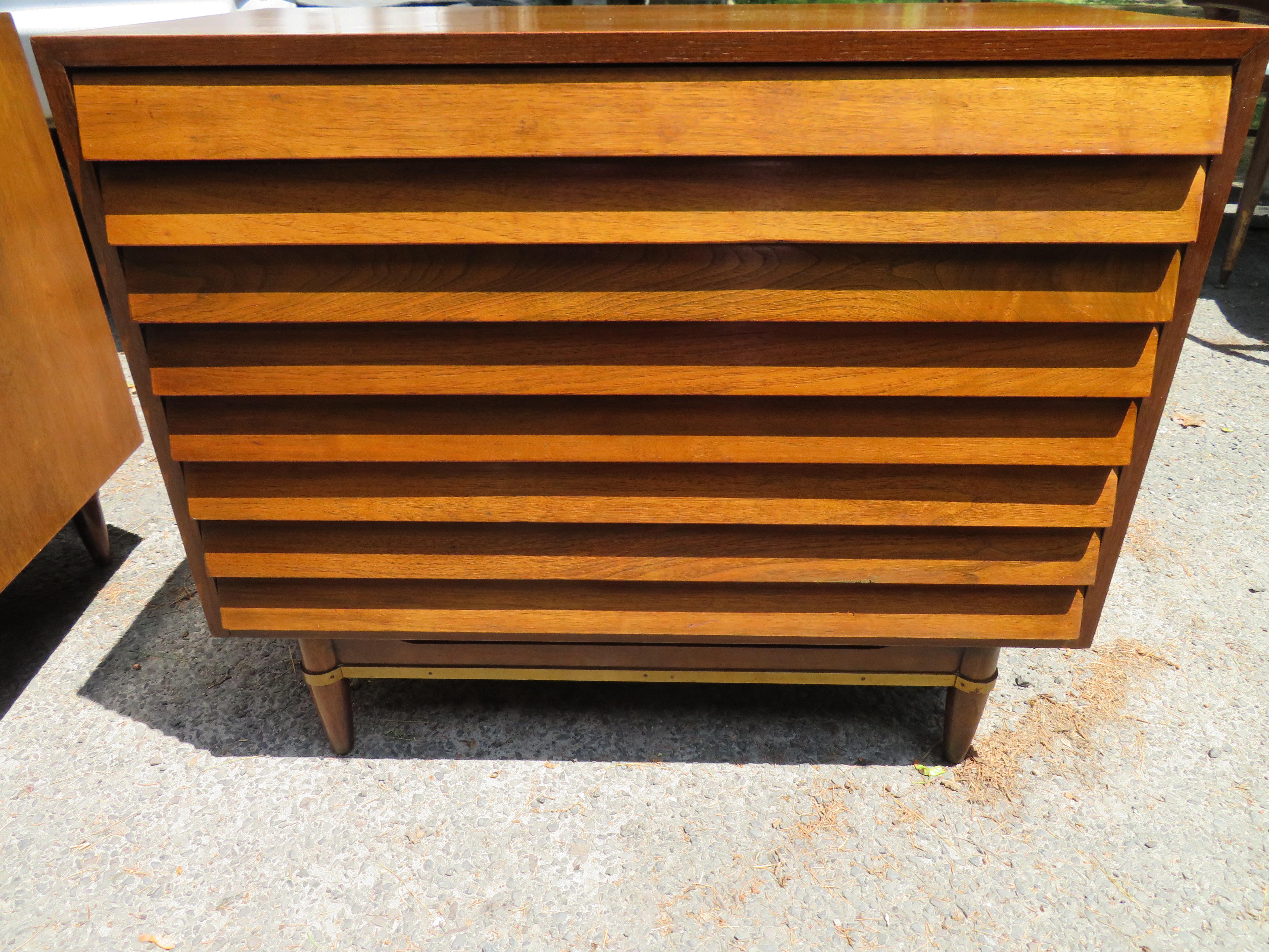 Stunning Pair American of Martinsville Walnut Brass Louvered Bachelors Chests 4