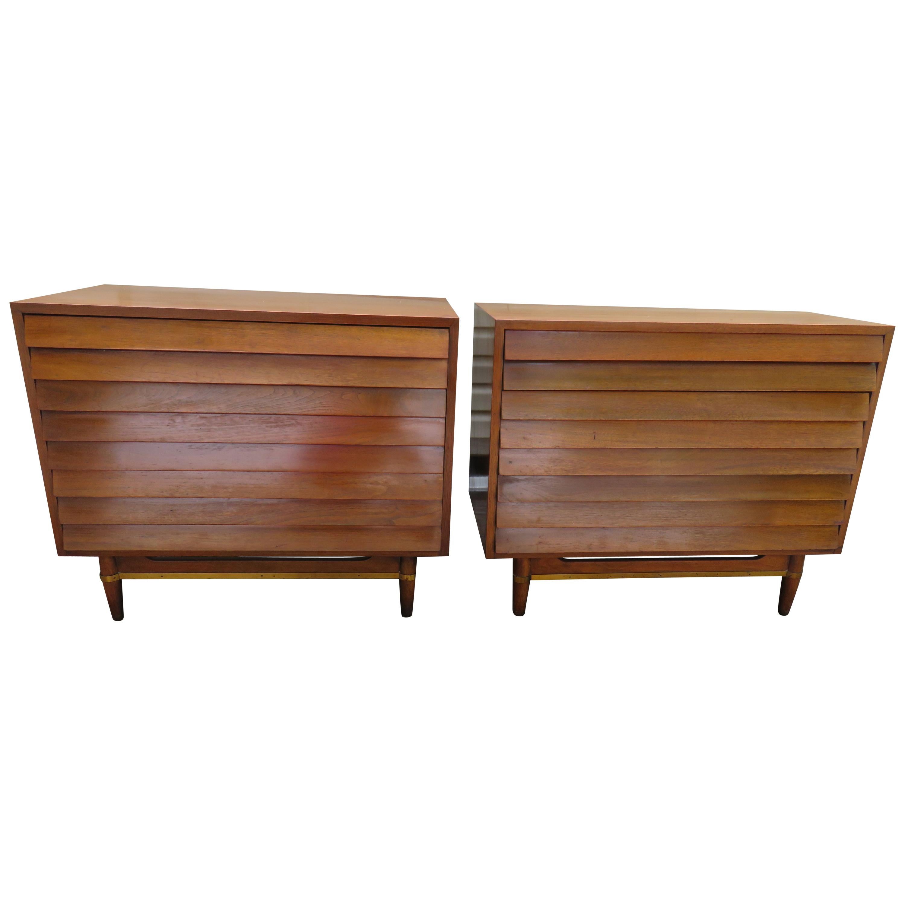 Stunning Pair American of Martinsville Walnut Brass Louvered Bachelors Chests
