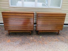 Stunning Pair American of Martinsville Walnut Brass Louvered Bachelors Chests