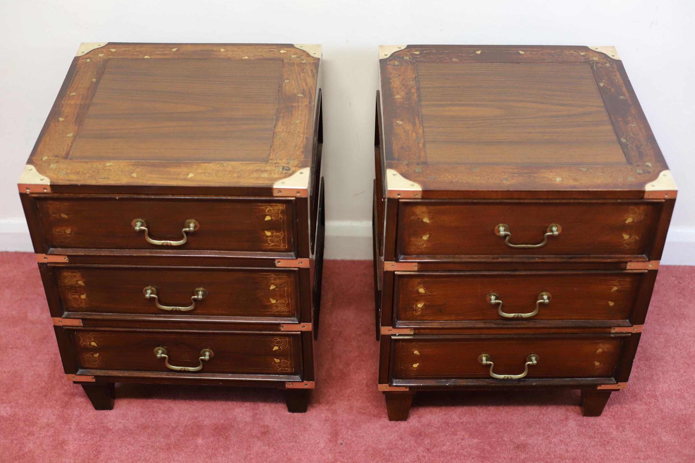 Inlay Stunning Pair Anglo-indian Campaign Style Nightstands