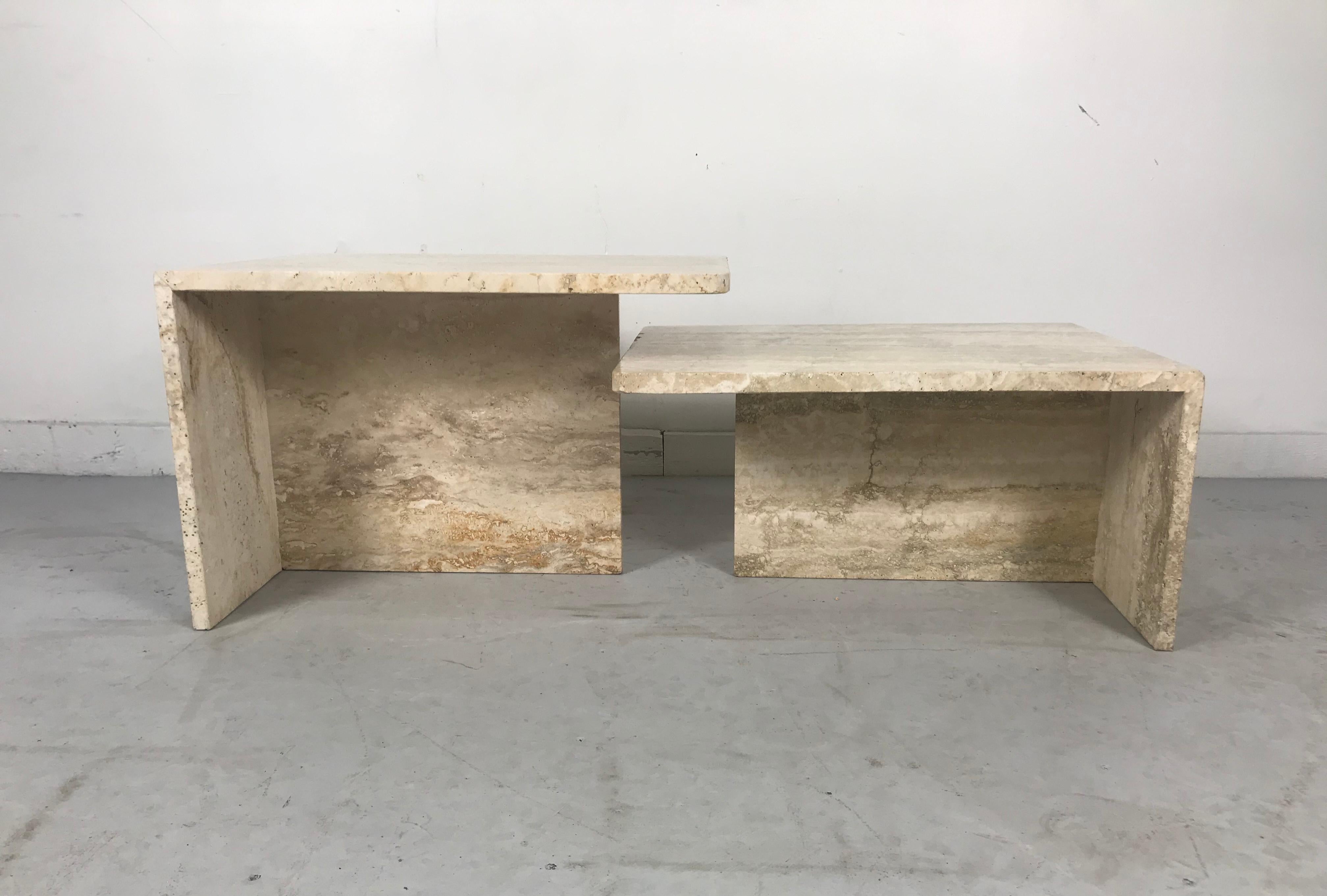 Stunning Pair of Architectural Italian Modernist Travertine Tables 5