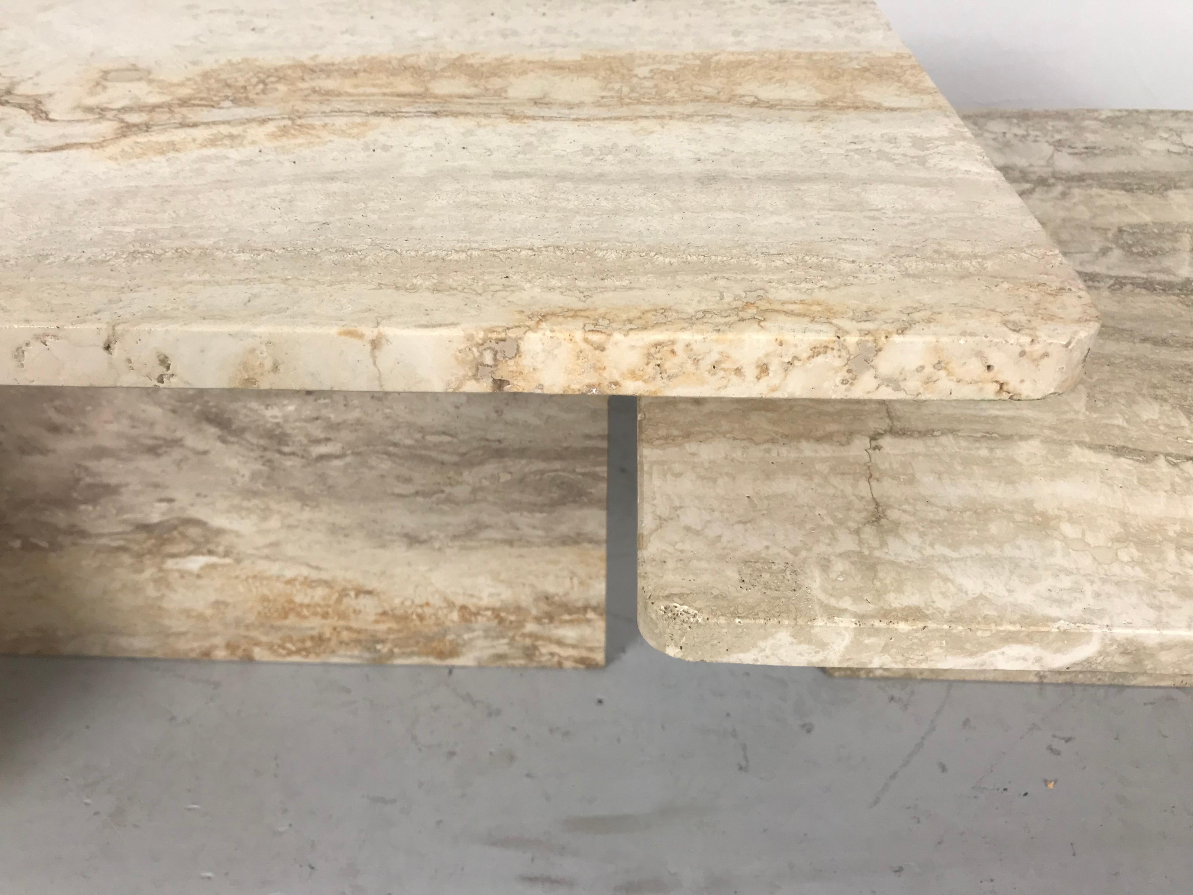 Stunning Pair of Architectural Italian Modernist Travertine Tables 6