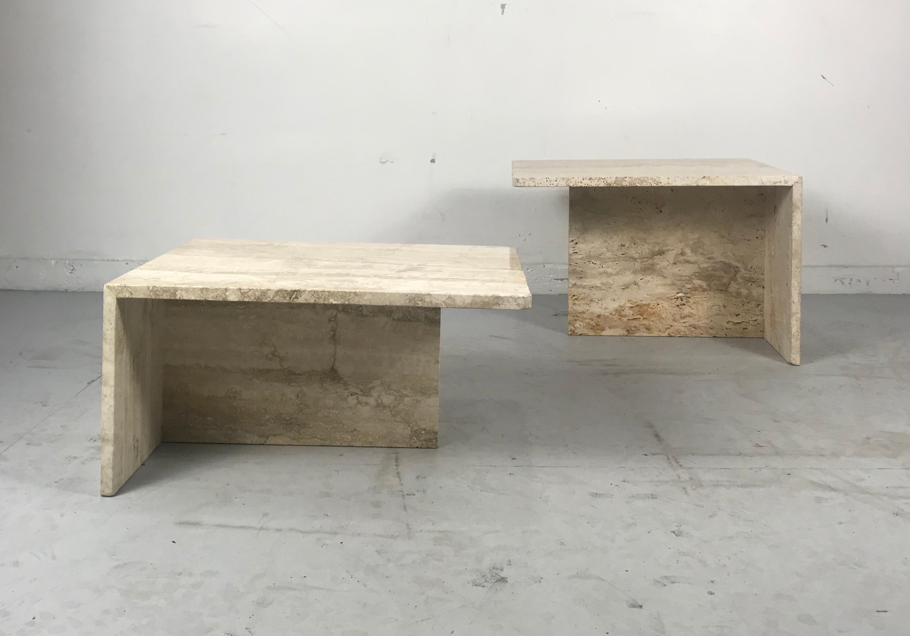 Stunning pair of architectural Italian Modernist travertine tables, Willy Rizzo style, Simple, elegant versatile design, used as coffee/Cocktail Tables, end tables, pedestals. Stands etc. Both tables measure 23