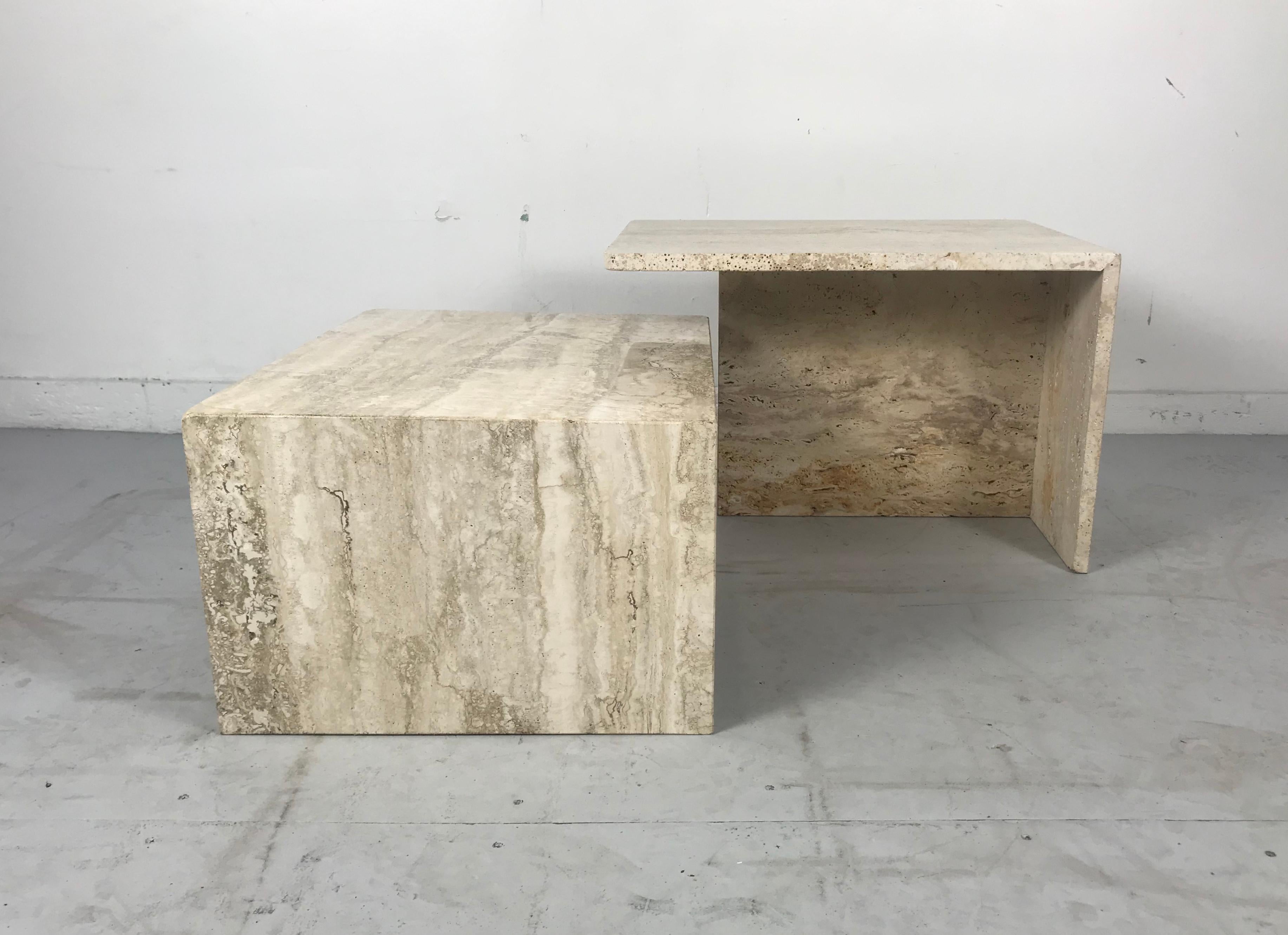 Stunning Pair of Architectural Italian Modernist Travertine Tables In Good Condition In Buffalo, NY