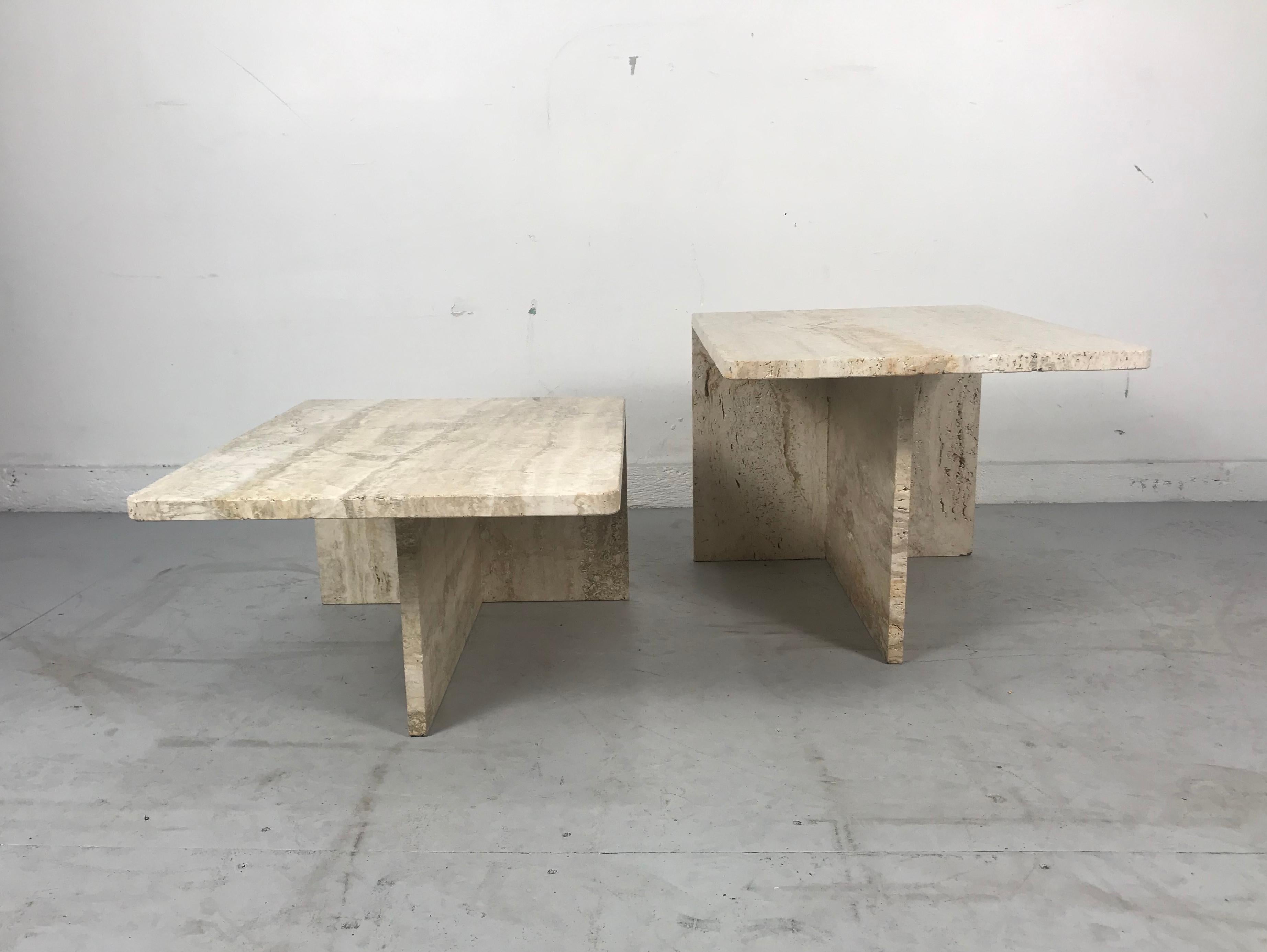 Late 20th Century Stunning Pair of Architectural Italian Modernist Travertine Tables
