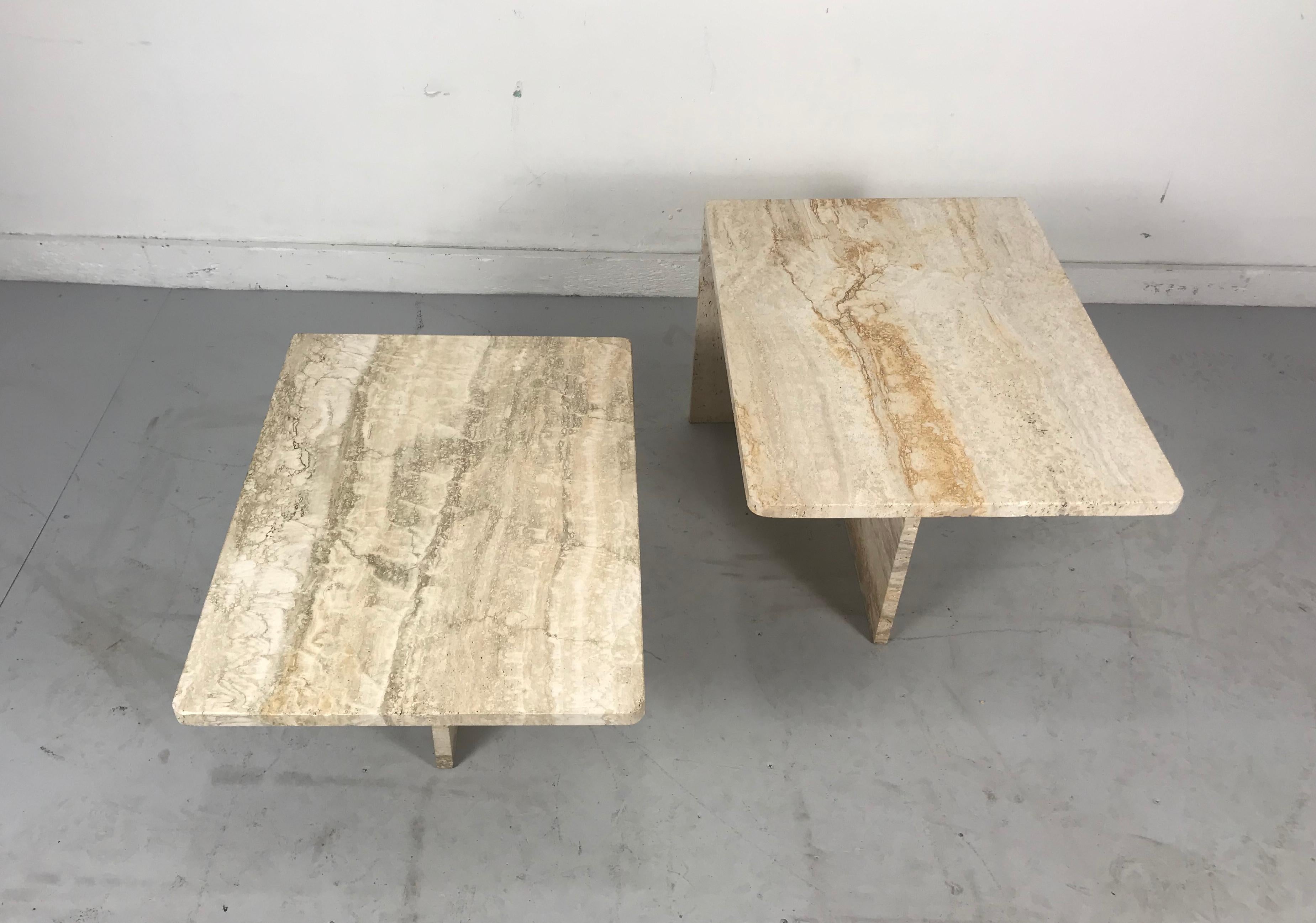 Stunning Pair of Architectural Italian Modernist Travertine Tables 1