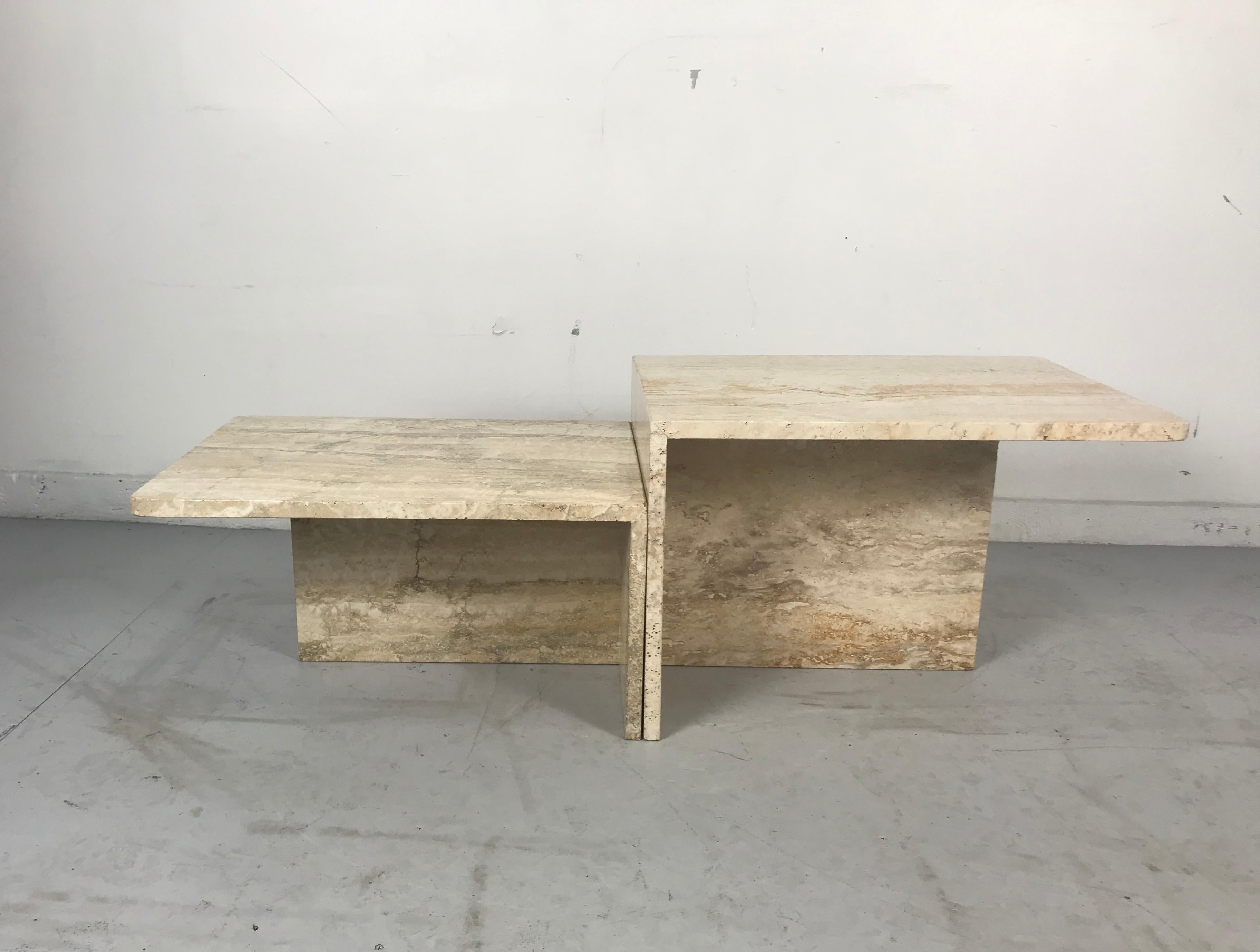 Stunning Pair of Architectural Italian Modernist Travertine Tables 2