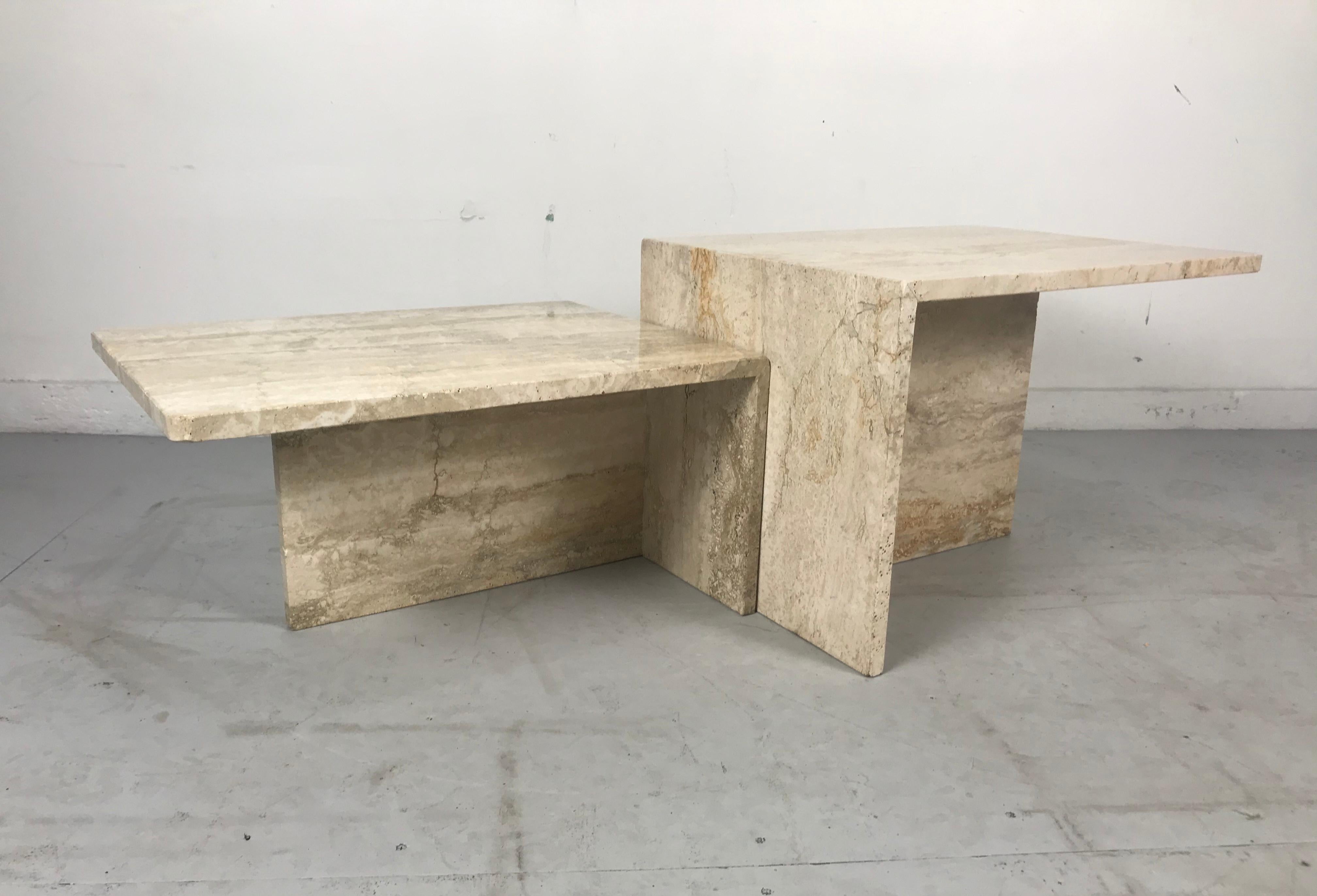 Stunning Pair of Architectural Italian Modernist Travertine Tables 3