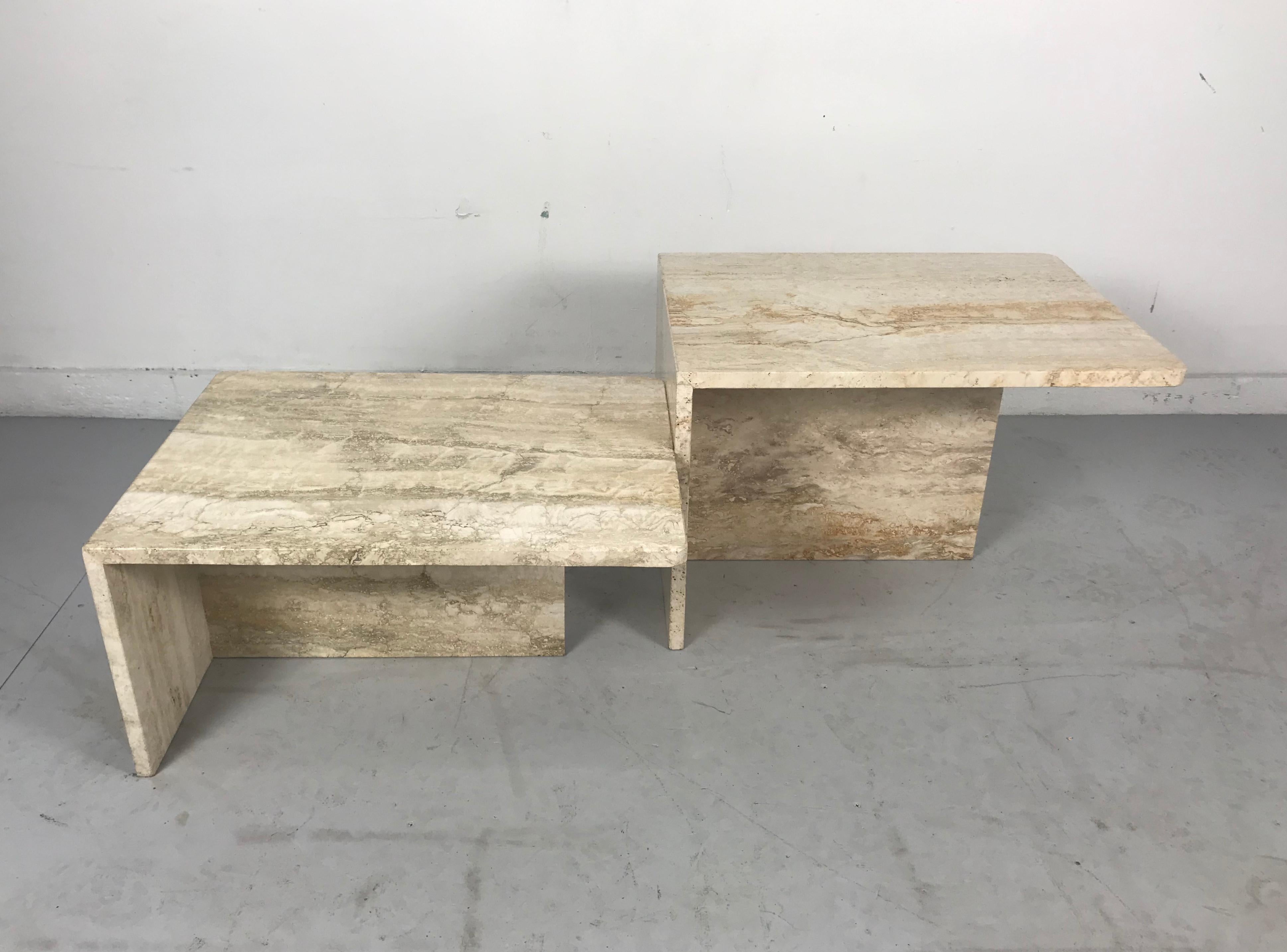 Stunning Pair of Architectural Italian Modernist Travertine Tables 4