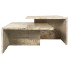 Stunning Pair of Architectural Italian Modernist Travertine Tables