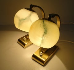Stunning Pair of Art Deco Table Lamps, Brass and Marble Glass Shades, 1930s