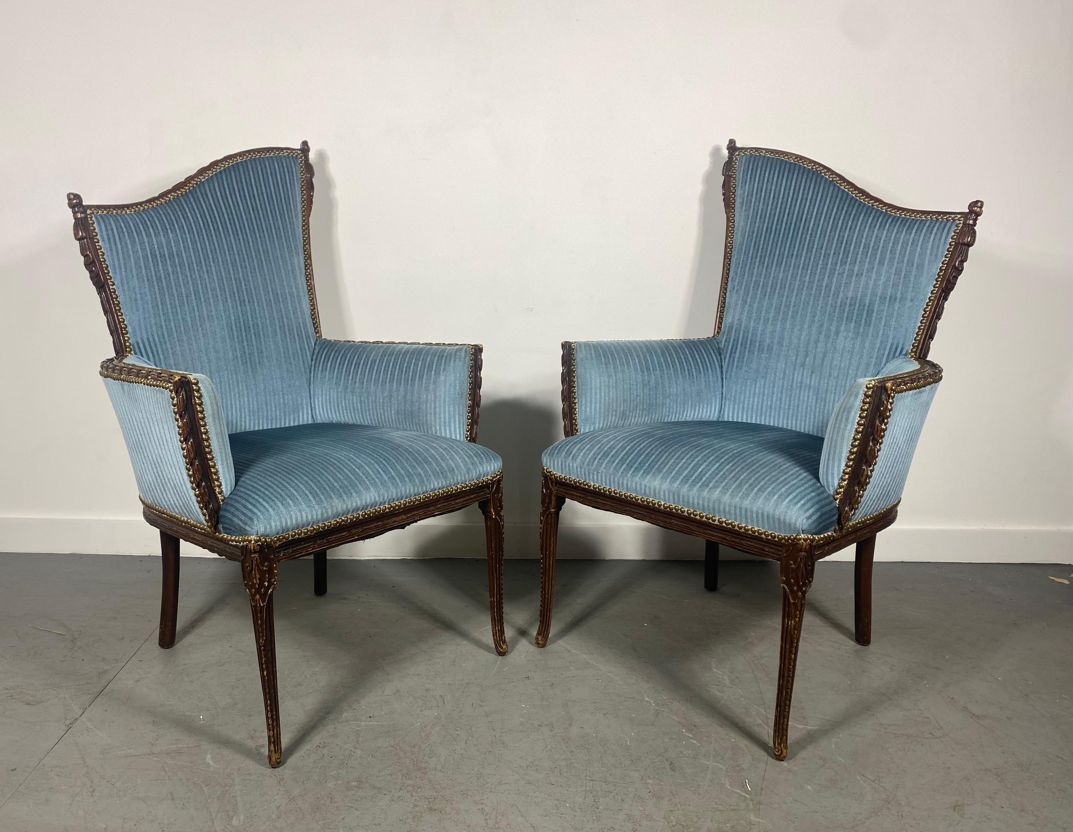 Fabric Stunning Pair Asymmetrical Regency Lounge Chairs by Grosfeld House For Sale
