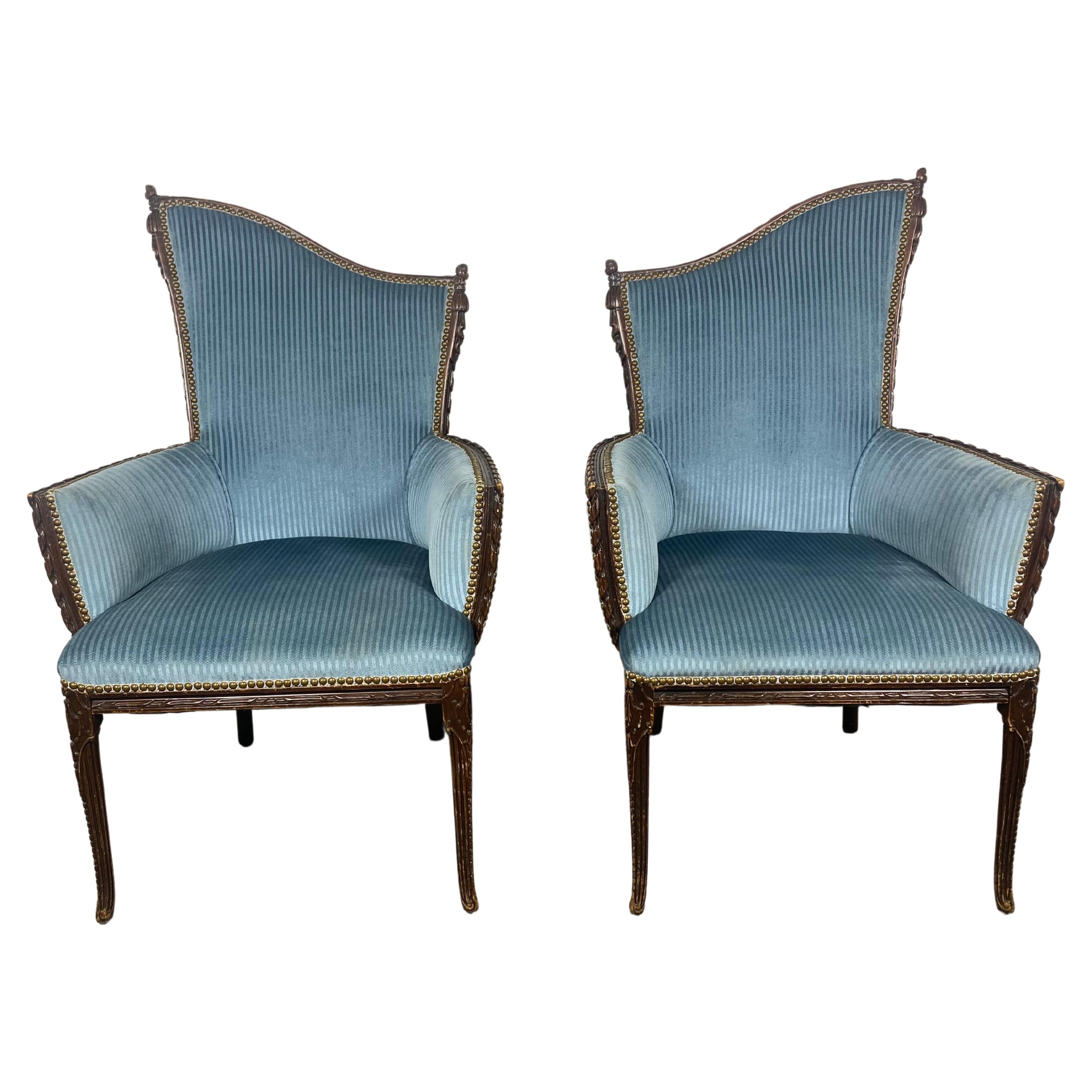Stunning Pair Asymmetrical Regency Lounge Chairs by Grosfeld House For Sale